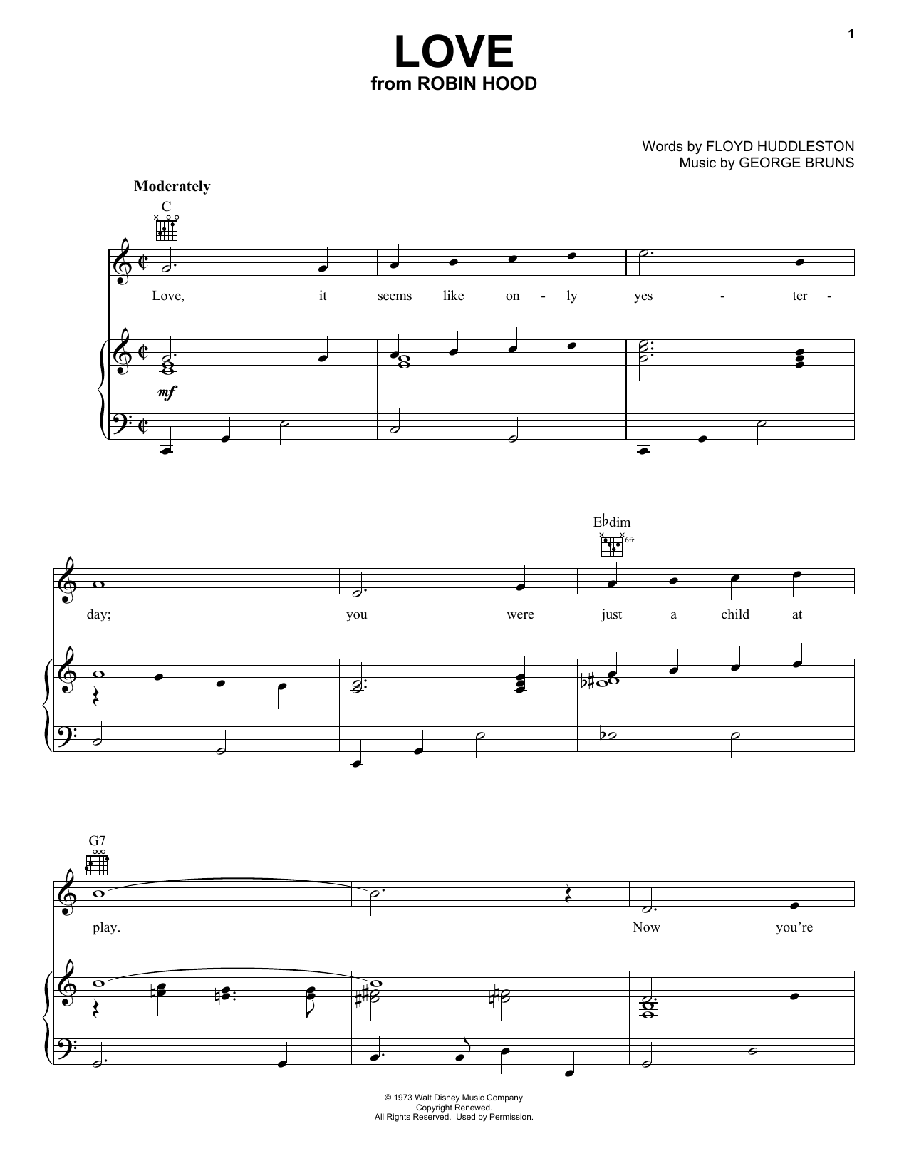 George Bruns Love sheet music notes and chords arranged for Piano, Vocal & Guitar Chords (Right-Hand Melody)