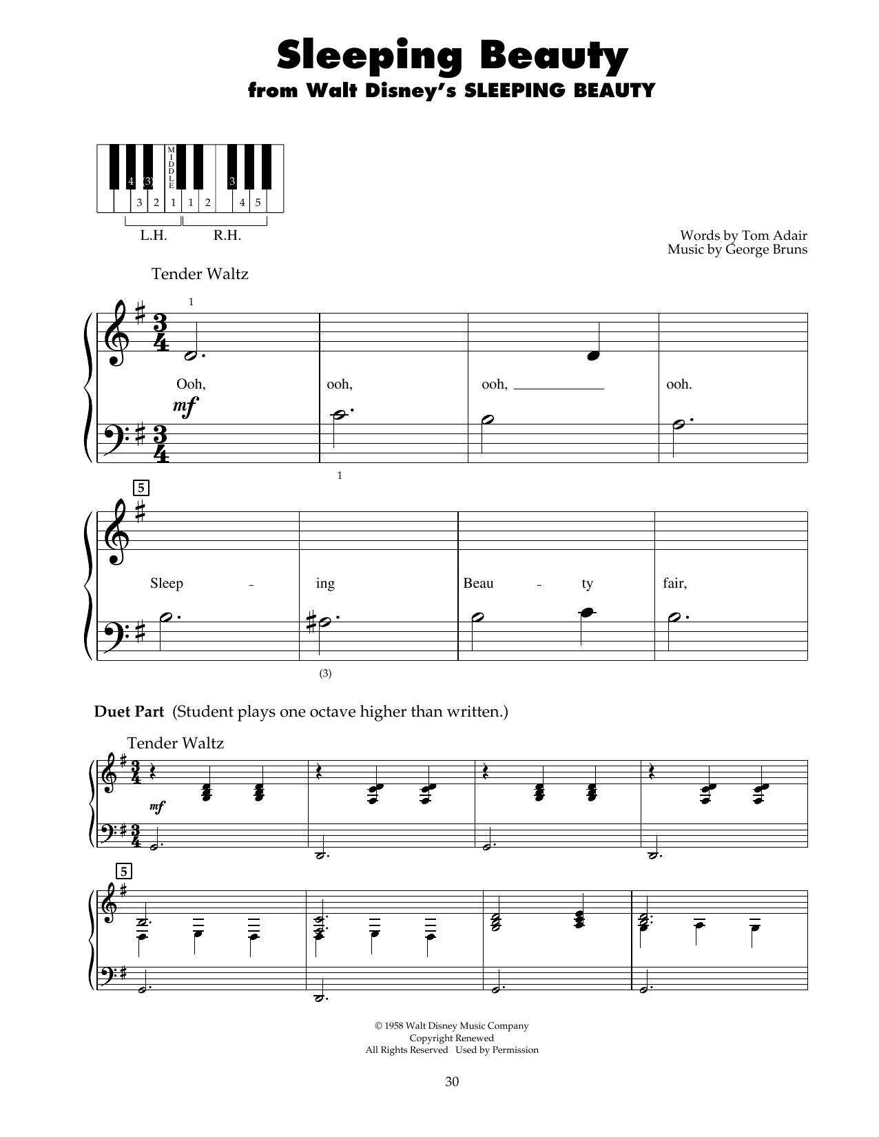 George Bruns Sleeping Beauty sheet music notes and chords arranged for 5-Finger Piano