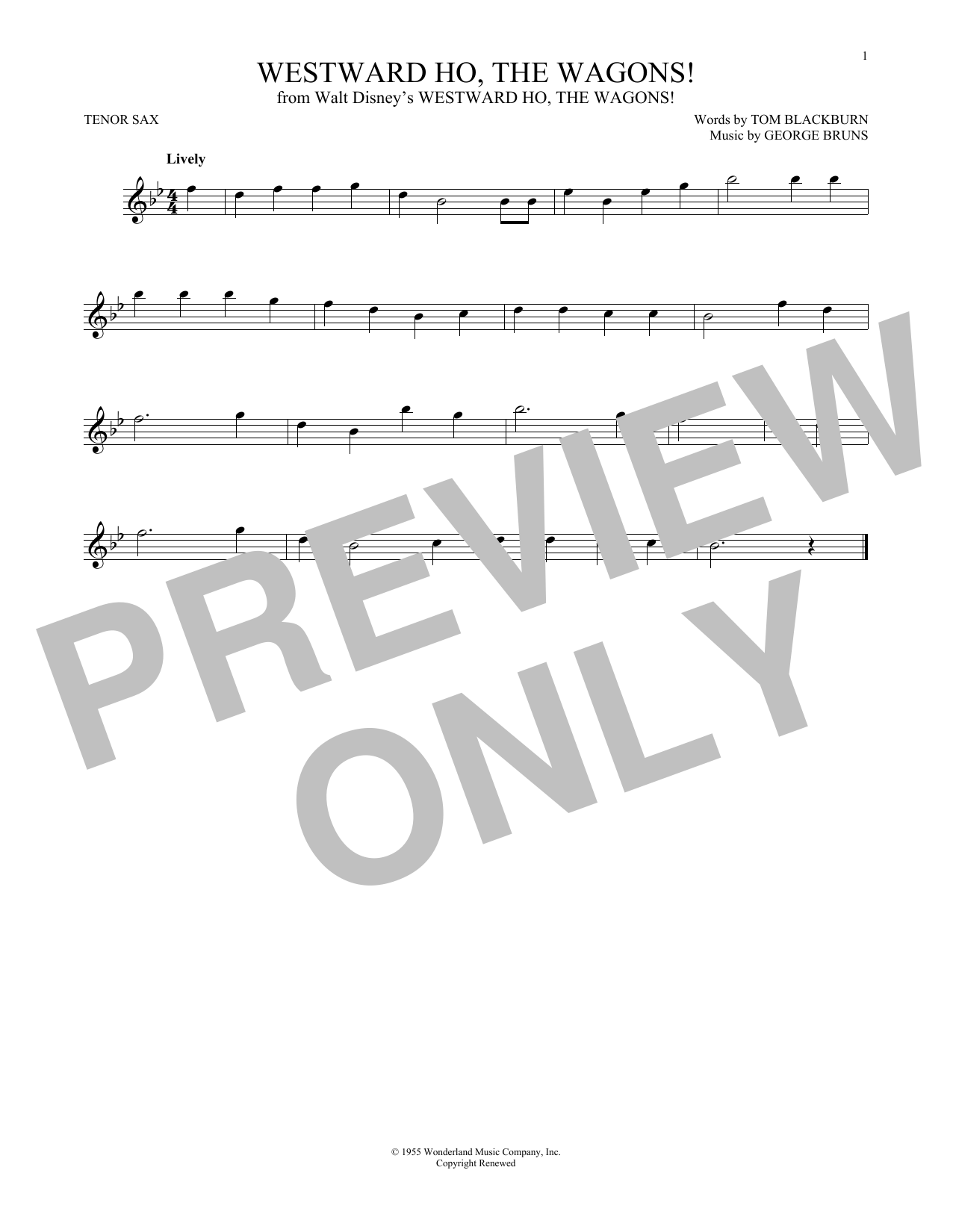 George Bruns Westward Ho, The Wagons! sheet music notes and chords arranged for Recorder Solo