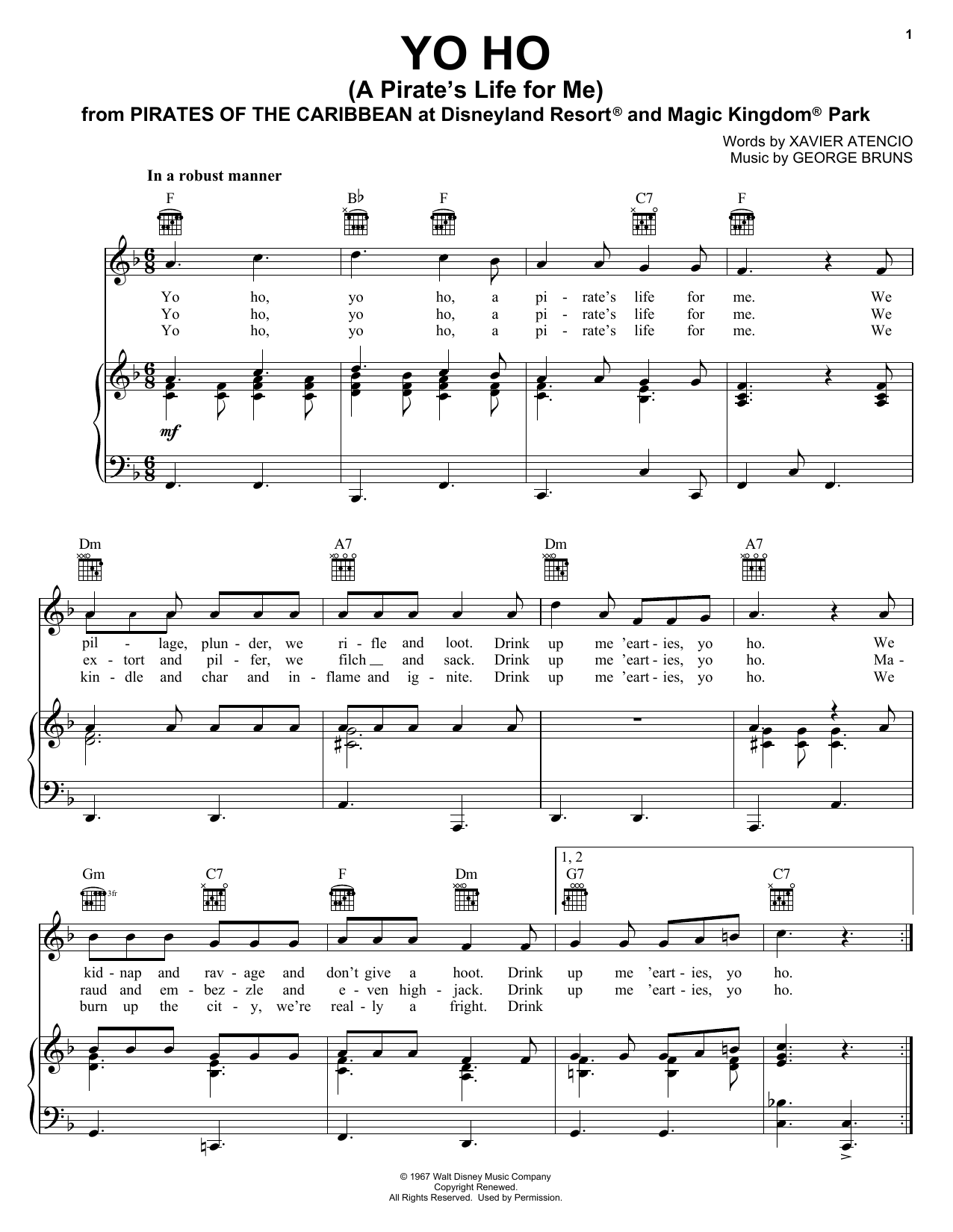 George Bruns Yo Ho (A Pirate's Life For Me) sheet music notes and chords arranged for Flute Solo