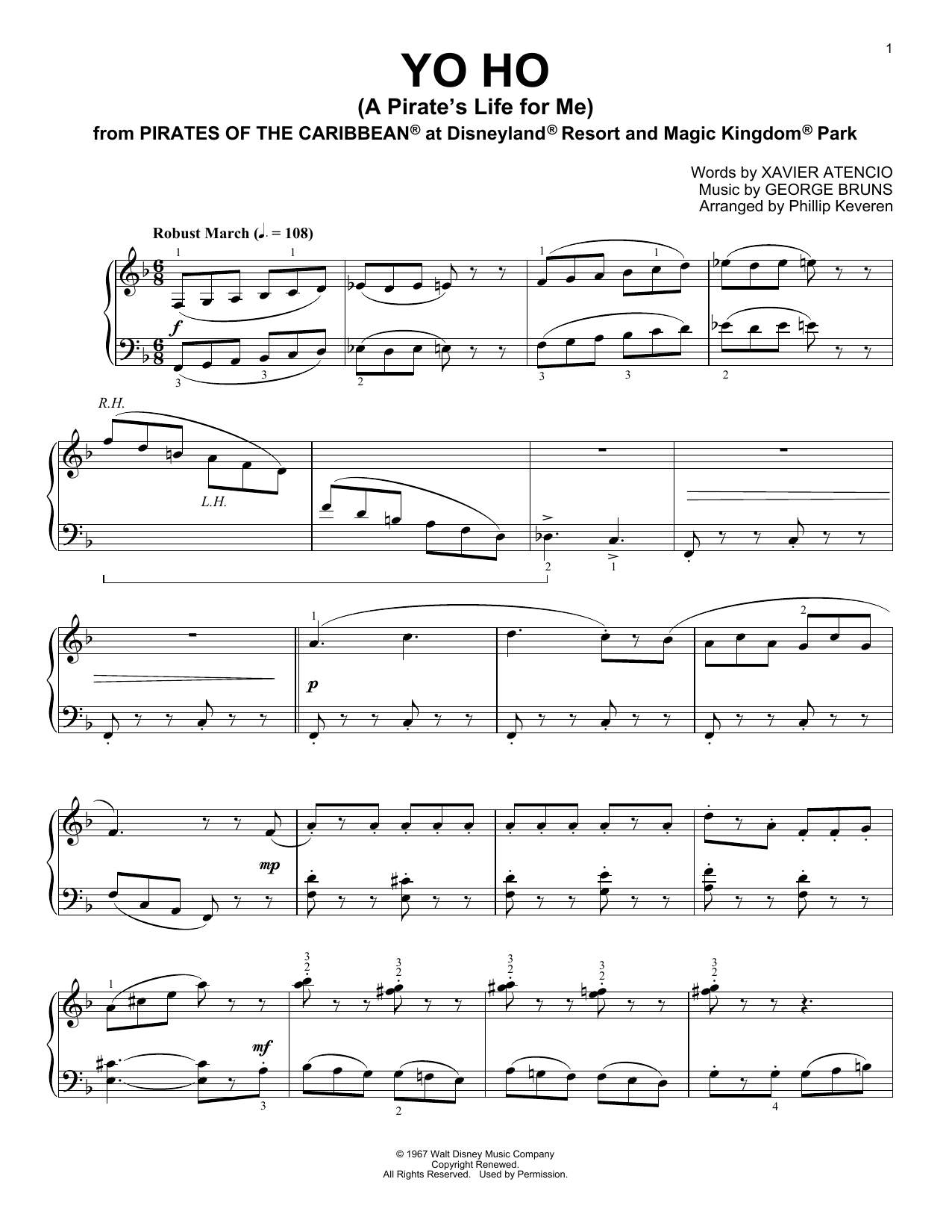 George Bruns Yo Ho (A Pirate's Life For Me) [Ragtime version] (arr. Phillip Keveren) sheet music notes and chords arranged for Piano Solo