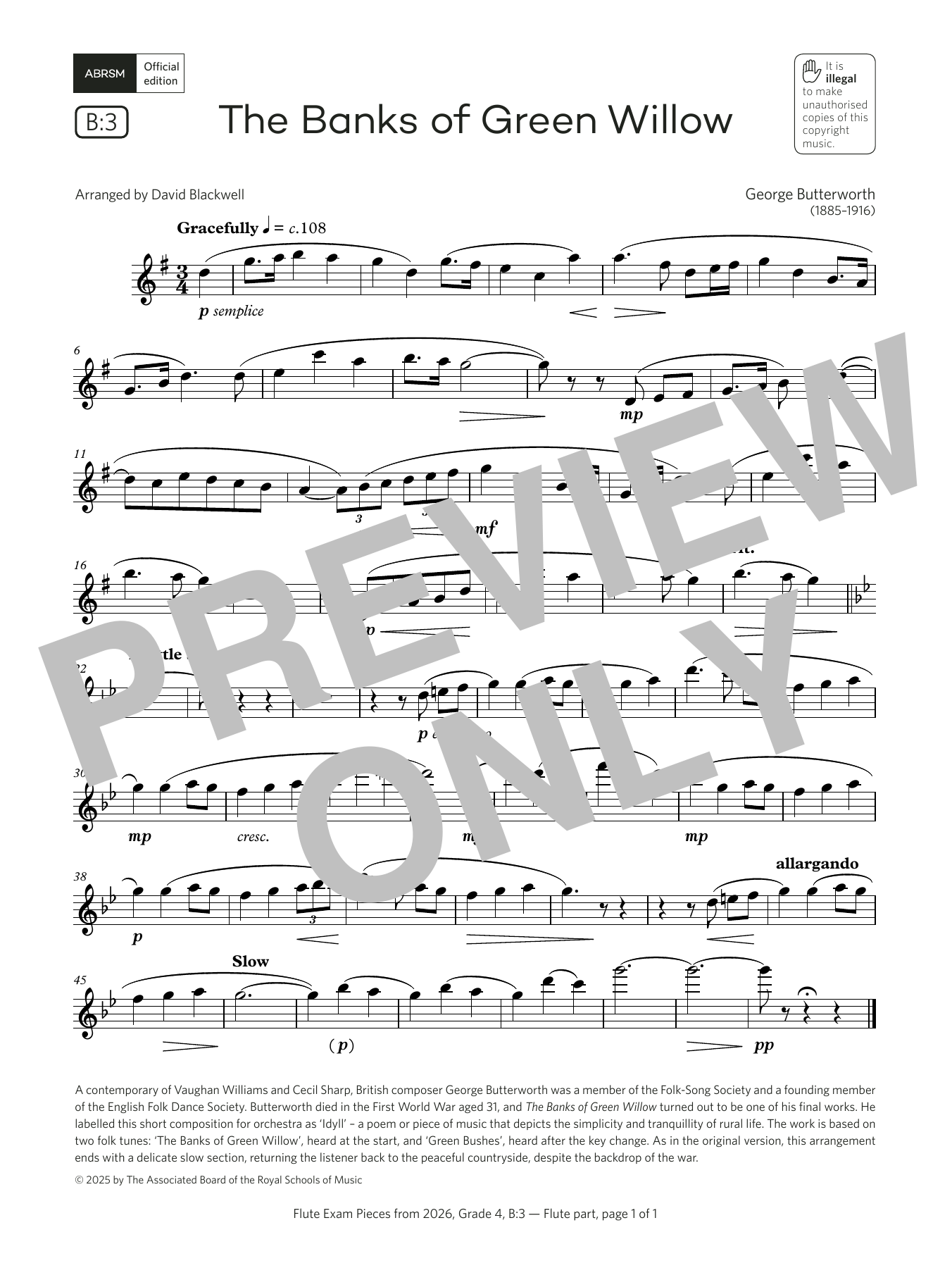 George Butterworth The Banks of Green Willow (Grade 4, list B3, from the ABRSM Flute Syllabus from 2026) sheet music notes and chords arranged for Flute Solo