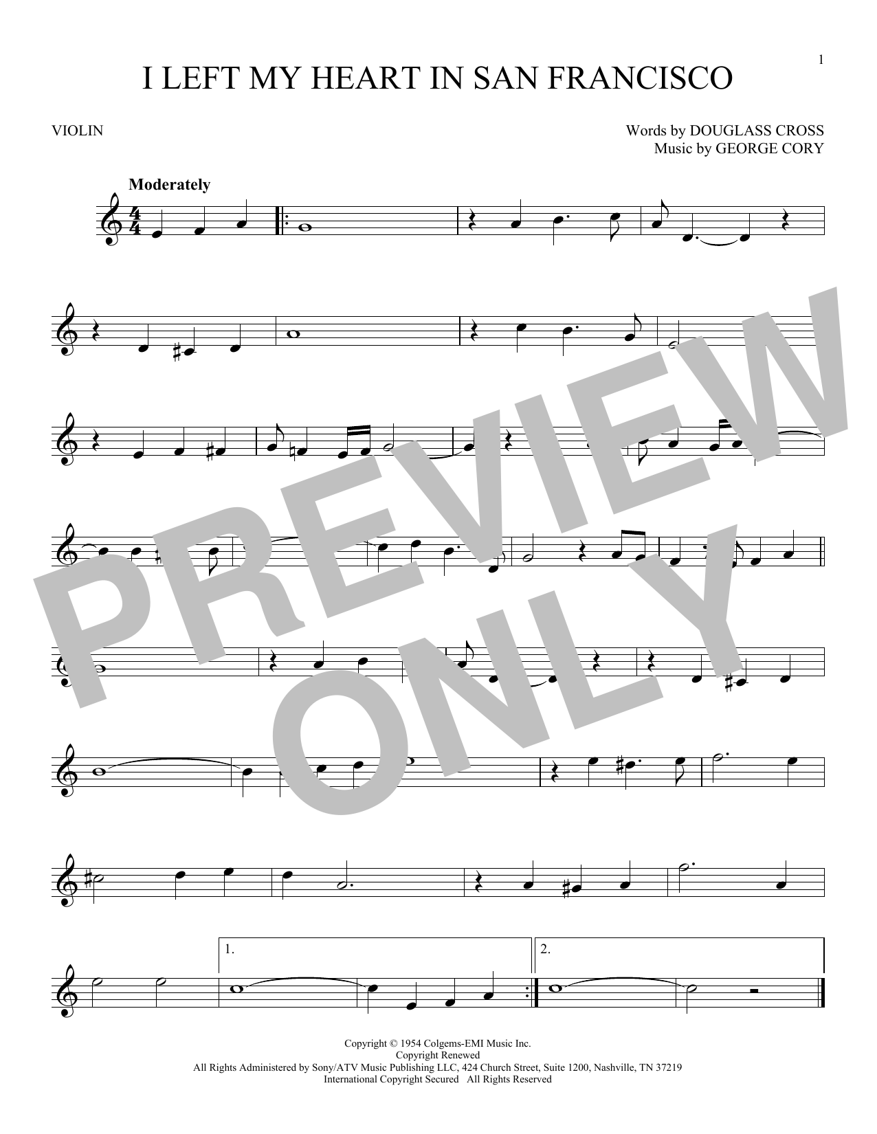 George Cory I Left My Heart In San Francisco sheet music notes and chords arranged for Violin Solo