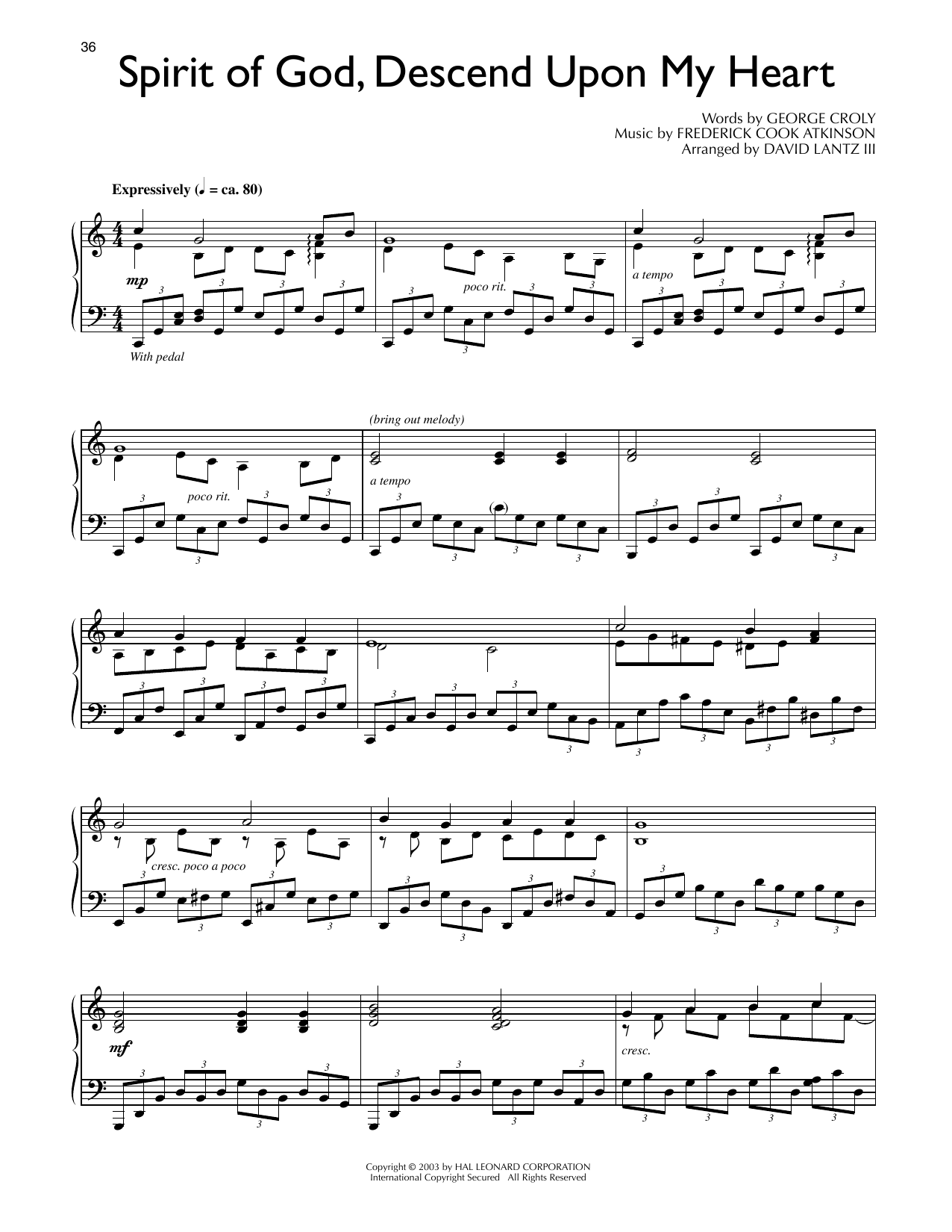 George Croly Spirit Of God, Descend Upon My Heart (arr. David Lantz III) sheet music notes and chords arranged for Piano Solo