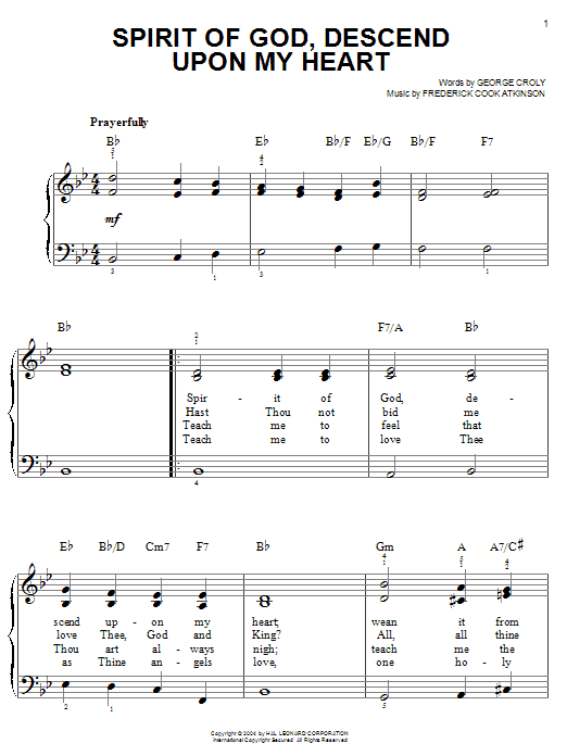 George Croly Spirit Of God, Descend Upon My Heart sheet music notes and chords arranged for Piano, Vocal & Guitar Chords (Right-Hand Melody)