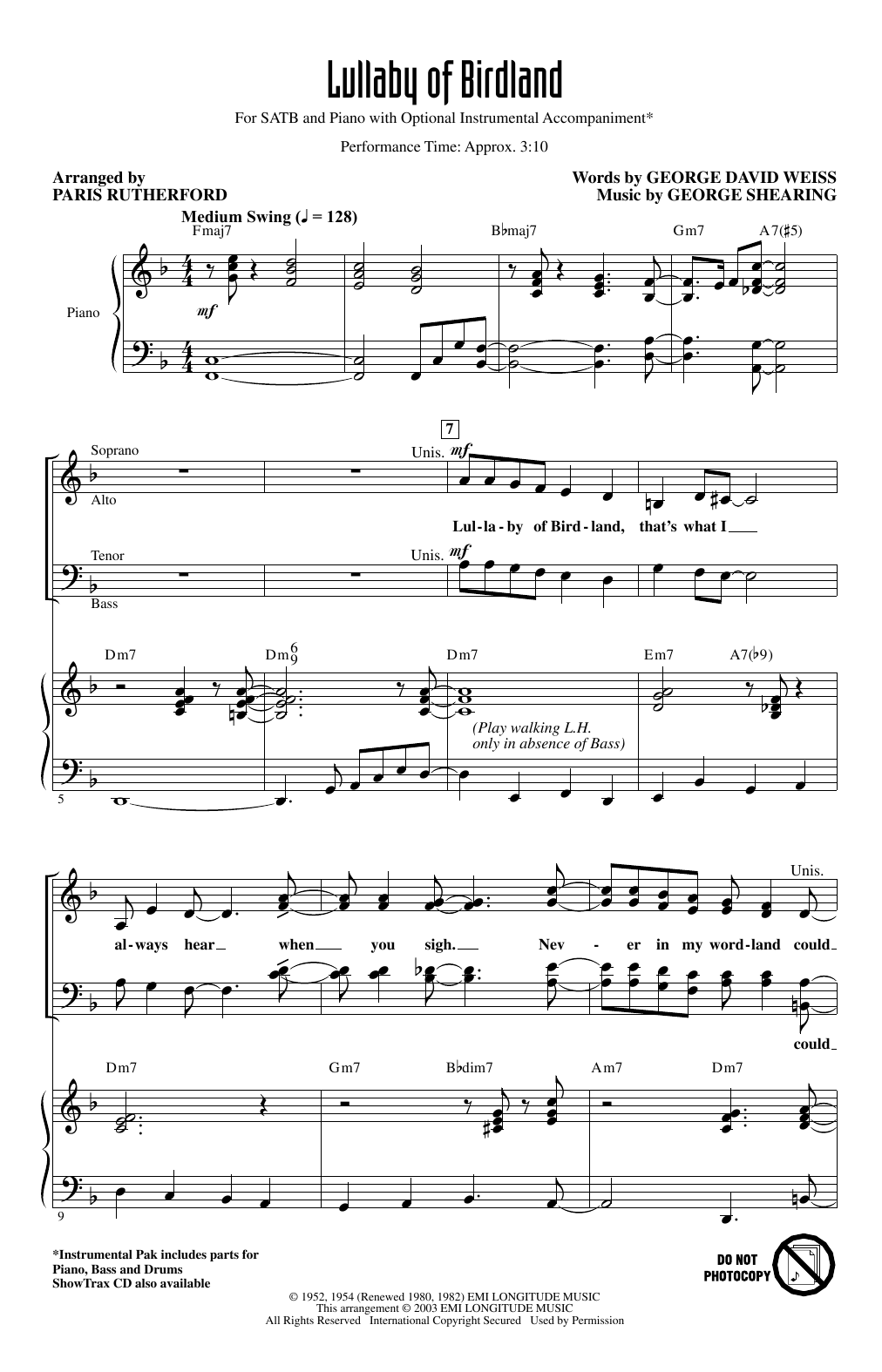 George David Weiss and George Shearing Lullaby Of Birdland (arr. Paris Rutherford) sheet music notes and chords arranged for SATB Choir