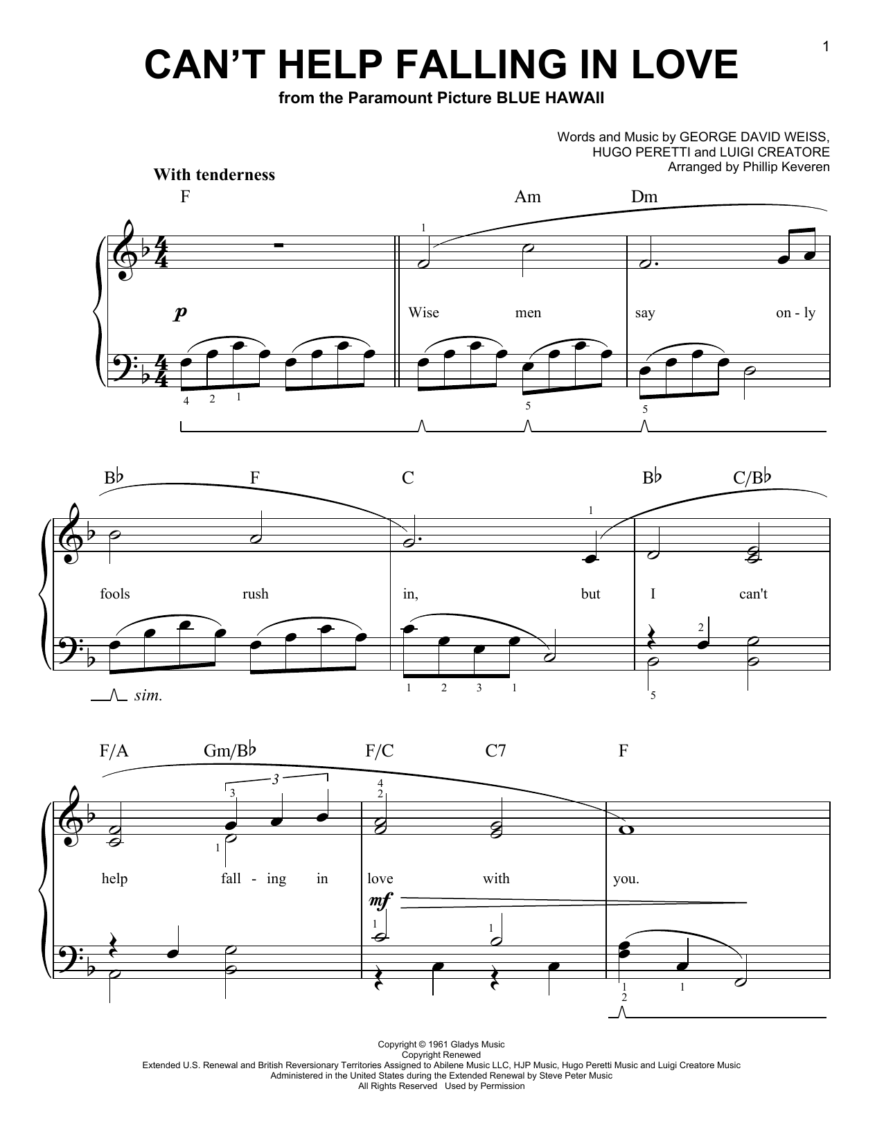 George David Weiss Can't Help Falling In Love (arr. Phillip Keveren) sheet music notes and chords arranged for Easy Piano