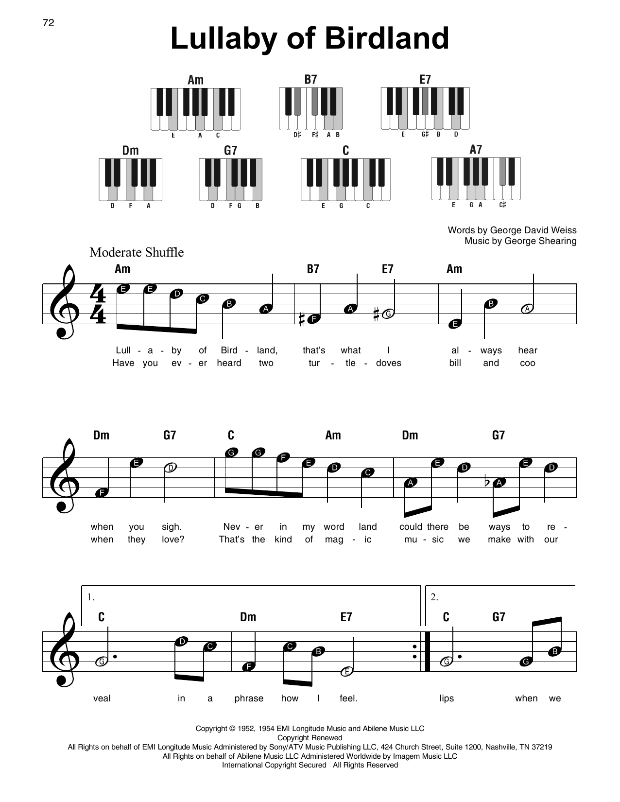 George David Weiss Lullaby Of Birdland sheet music notes and chords arranged for Super Easy Piano