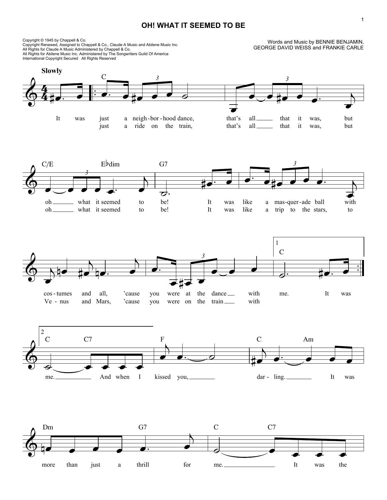 George David Weiss Oh! What It Seemed To Be sheet music notes and chords arranged for Easy Lead Sheet / Fake Book