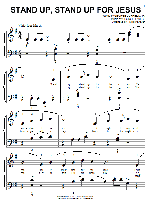 George Duffield Jr. Stand Up, Stand Up For Jesus (arr. Phillip Keveren) sheet music notes and chords arranged for Big Note Piano