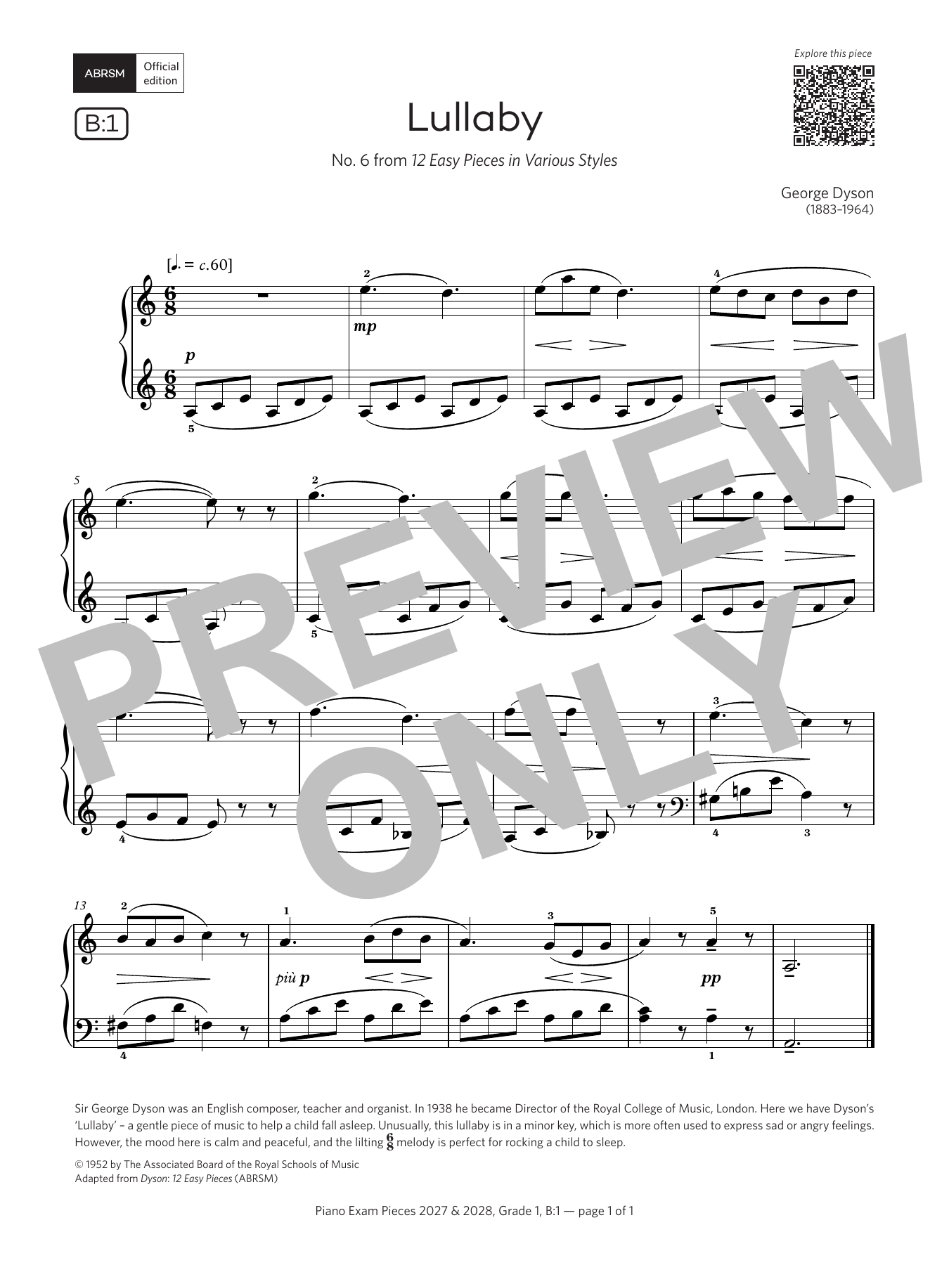 George Dyson Lullaby (Grade 1, list B1, from the ABRSM Piano Syllabus 2027 & 2028) sheet music notes and chords arranged for Piano Solo