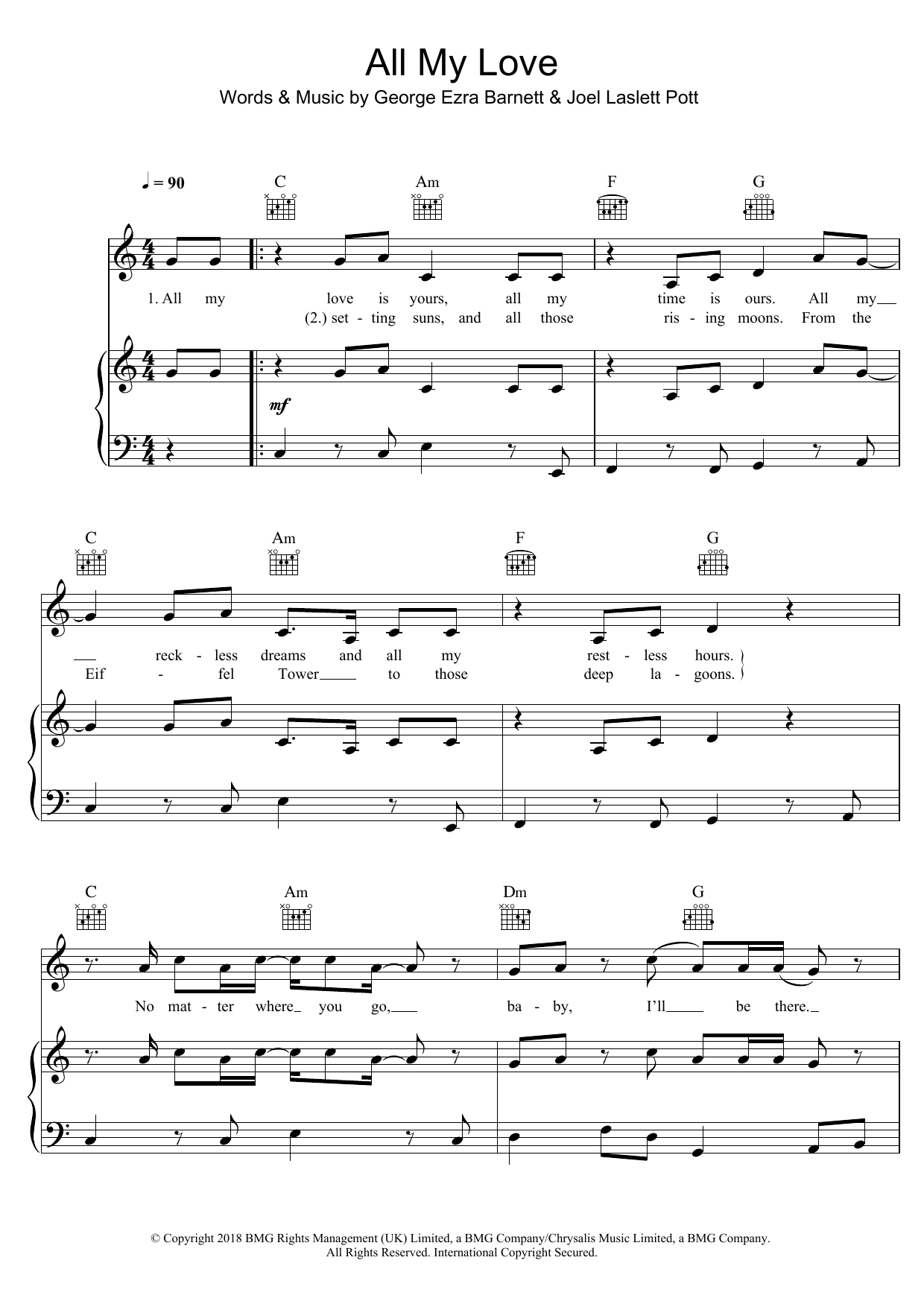 George Ezra All My Love sheet music notes and chords arranged for Piano, Vocal & Guitar Chords