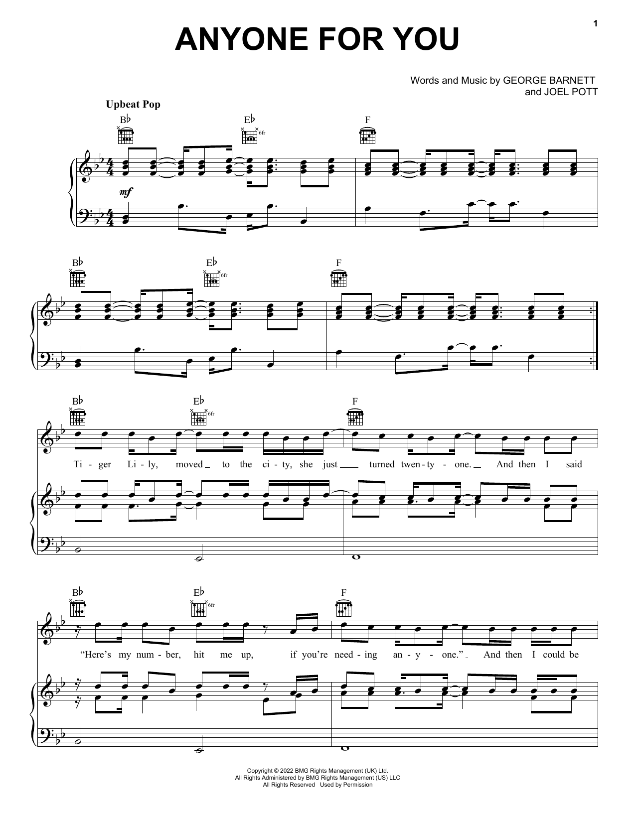 George Ezra Anyone For You (Tiger Lily) sheet music notes and chords arranged for Easy Piano