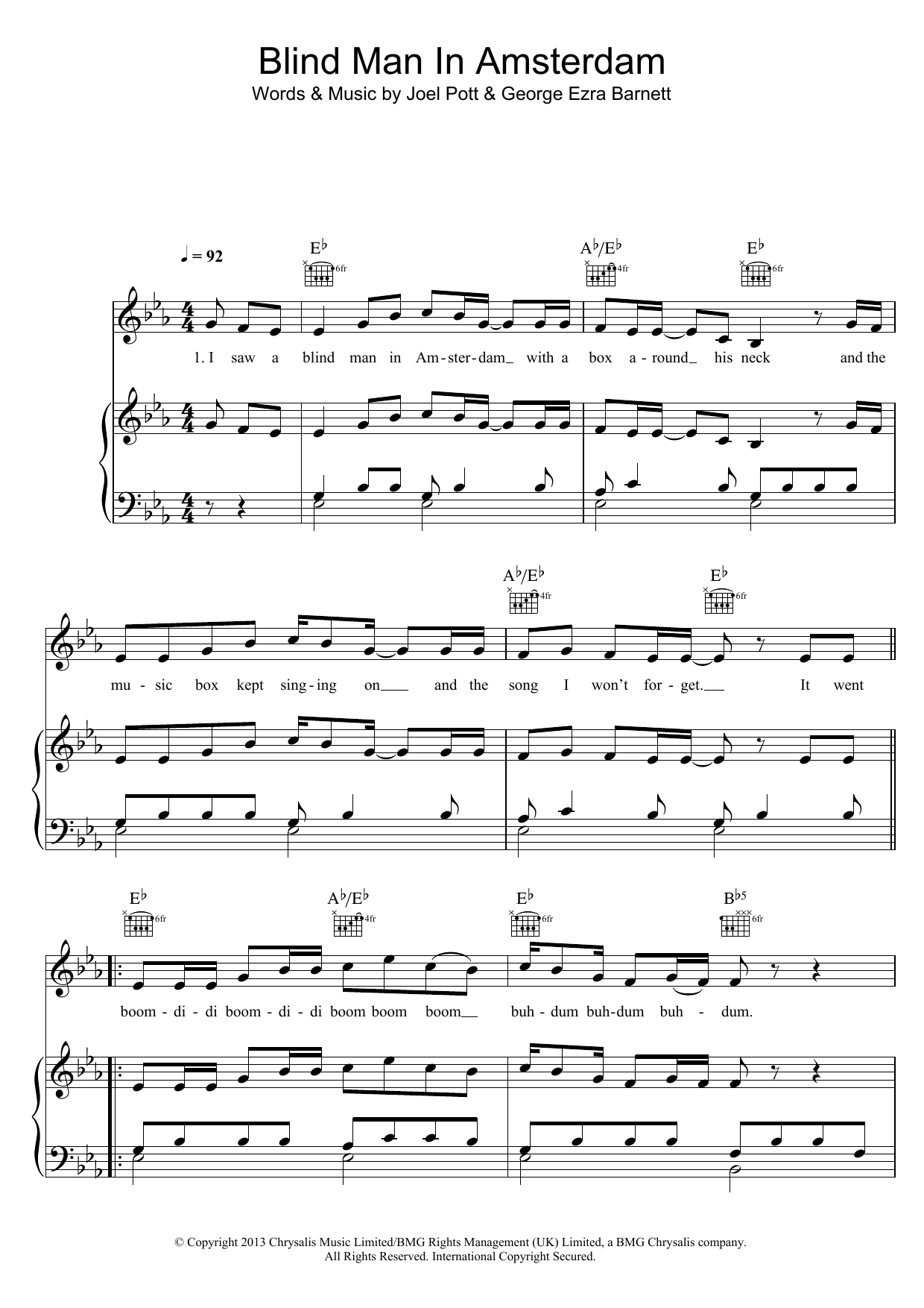 George Ezra Blind Man In Amsterdam sheet music notes and chords arranged for Piano, Vocal & Guitar Chords