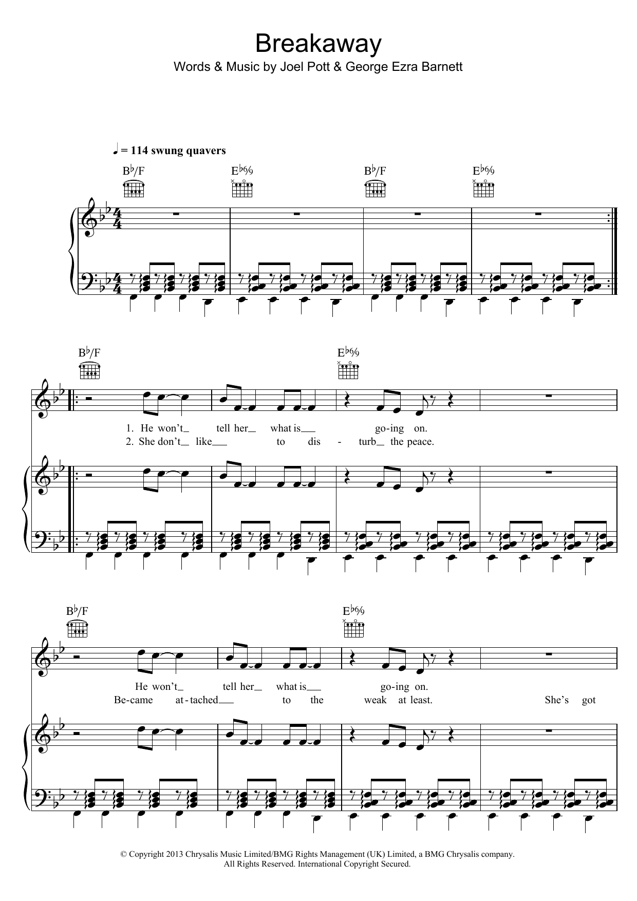 George Ezra Breakaway sheet music notes and chords arranged for Piano, Vocal & Guitar Chords