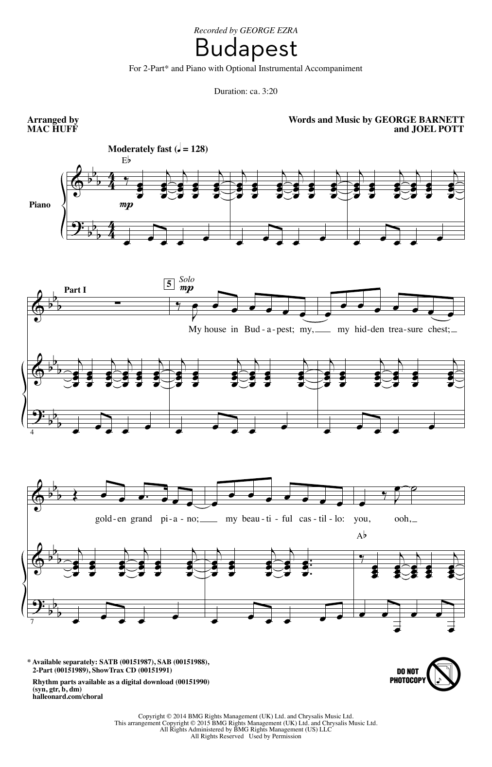 George Ezra Budapest (arr. Mac Huff) sheet music notes and chords arranged for 2-Part Choir