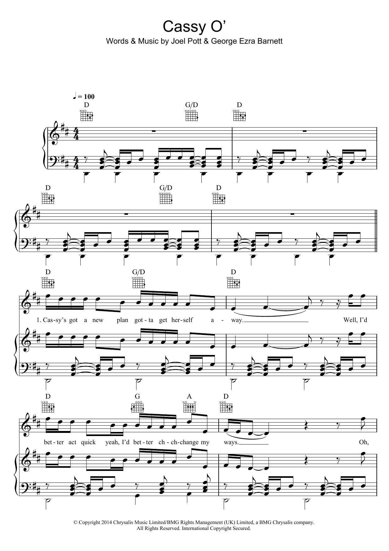 George Ezra Cassy O' sheet music notes and chords arranged for Piano, Vocal & Guitar Chords