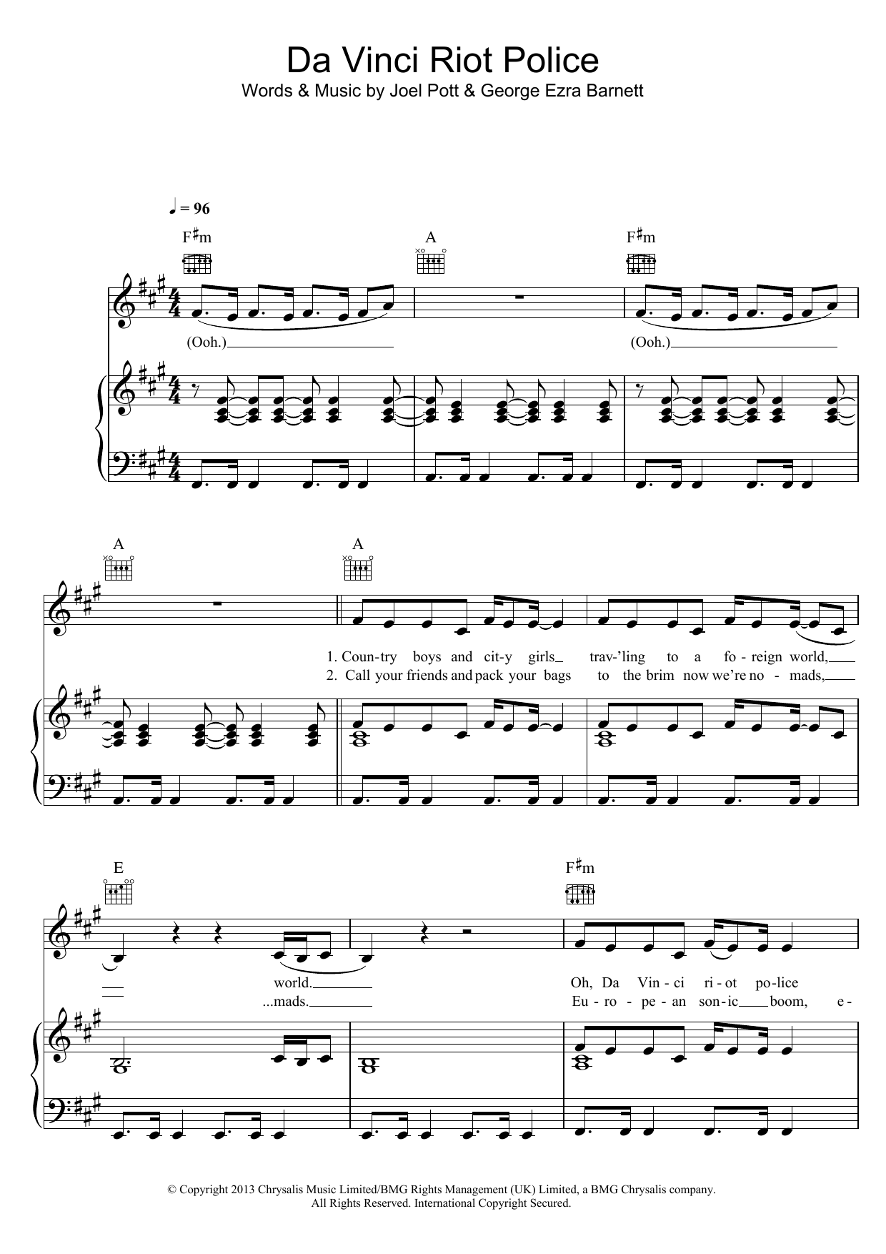 George Ezra Da Vinci Riot Police sheet music notes and chords arranged for Piano, Vocal & Guitar Chords