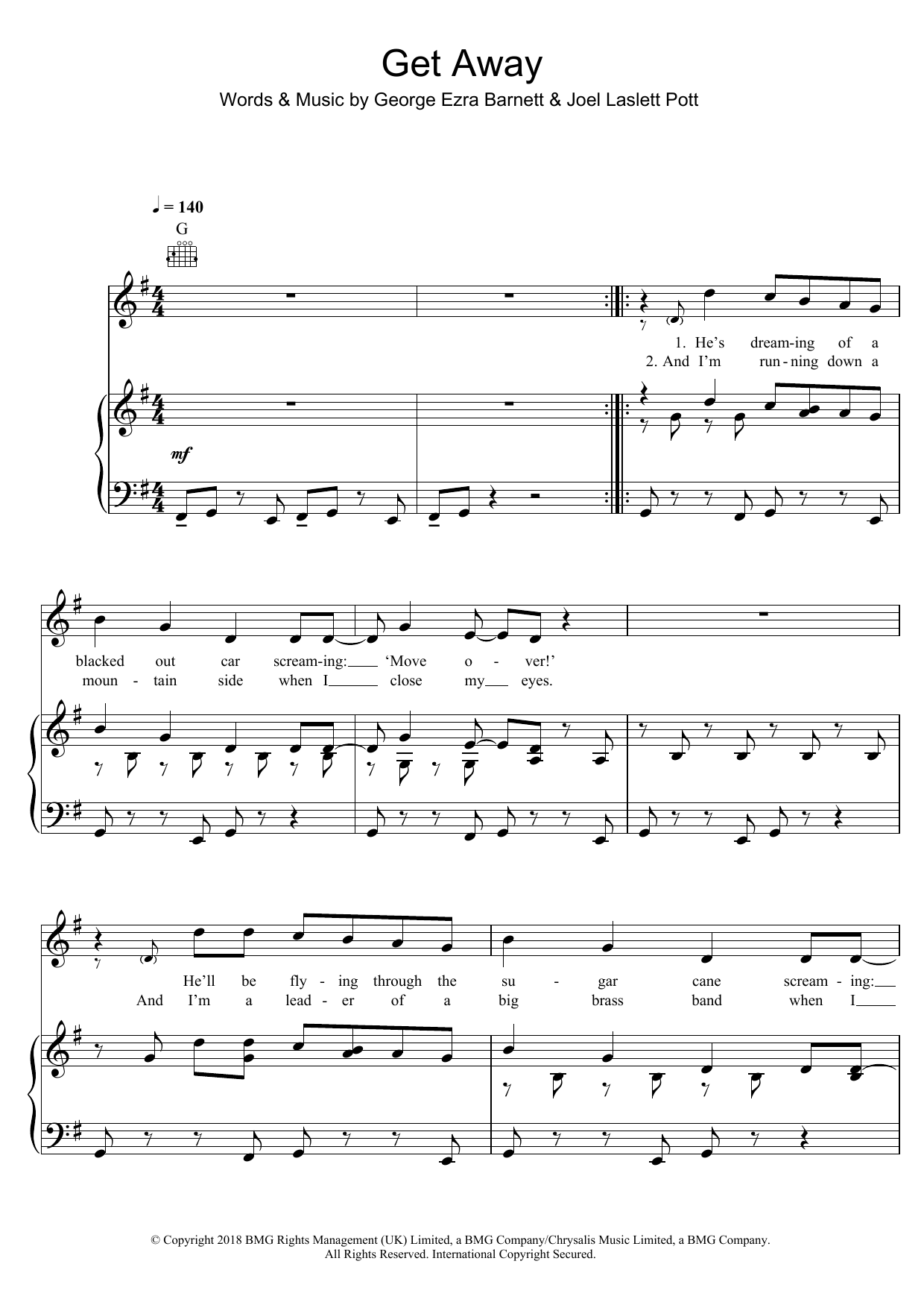 George Ezra Get Away sheet music notes and chords arranged for Piano, Vocal & Guitar Chords