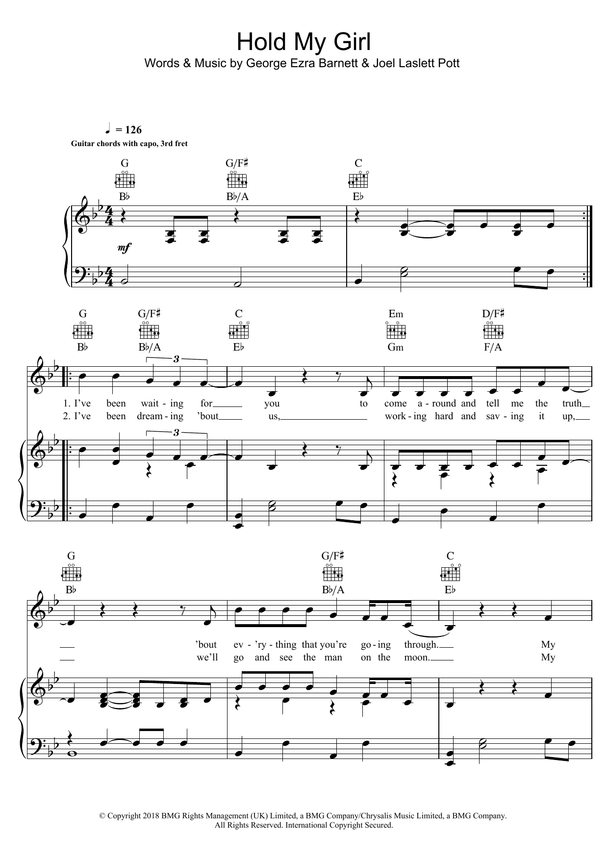George Ezra Hold My Girl sheet music notes and chords arranged for Piano, Vocal & Guitar Chords (Right-Hand Melody)