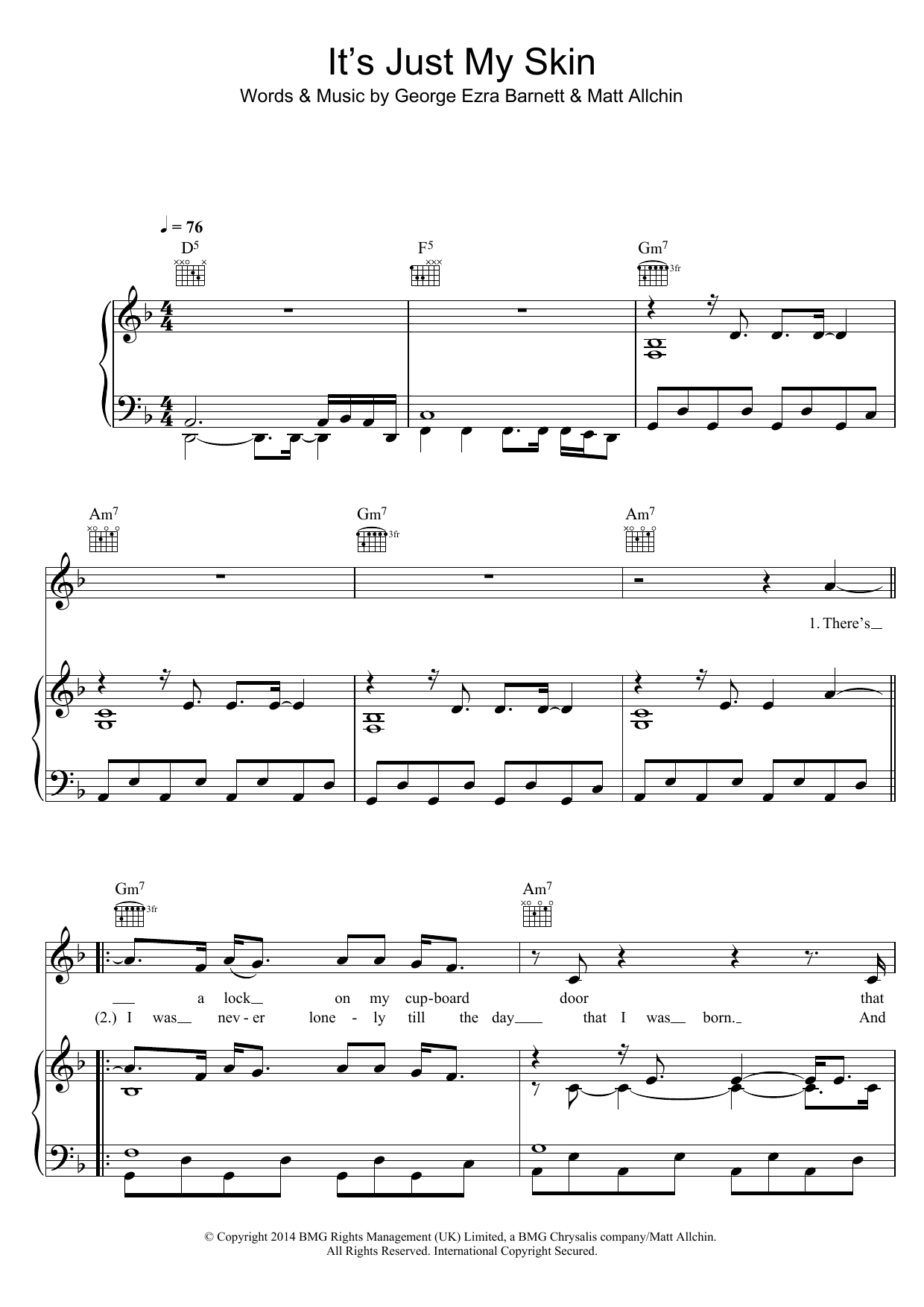 George Ezra It's Just My Skin sheet music notes and chords arranged for Piano, Vocal & Guitar Chords