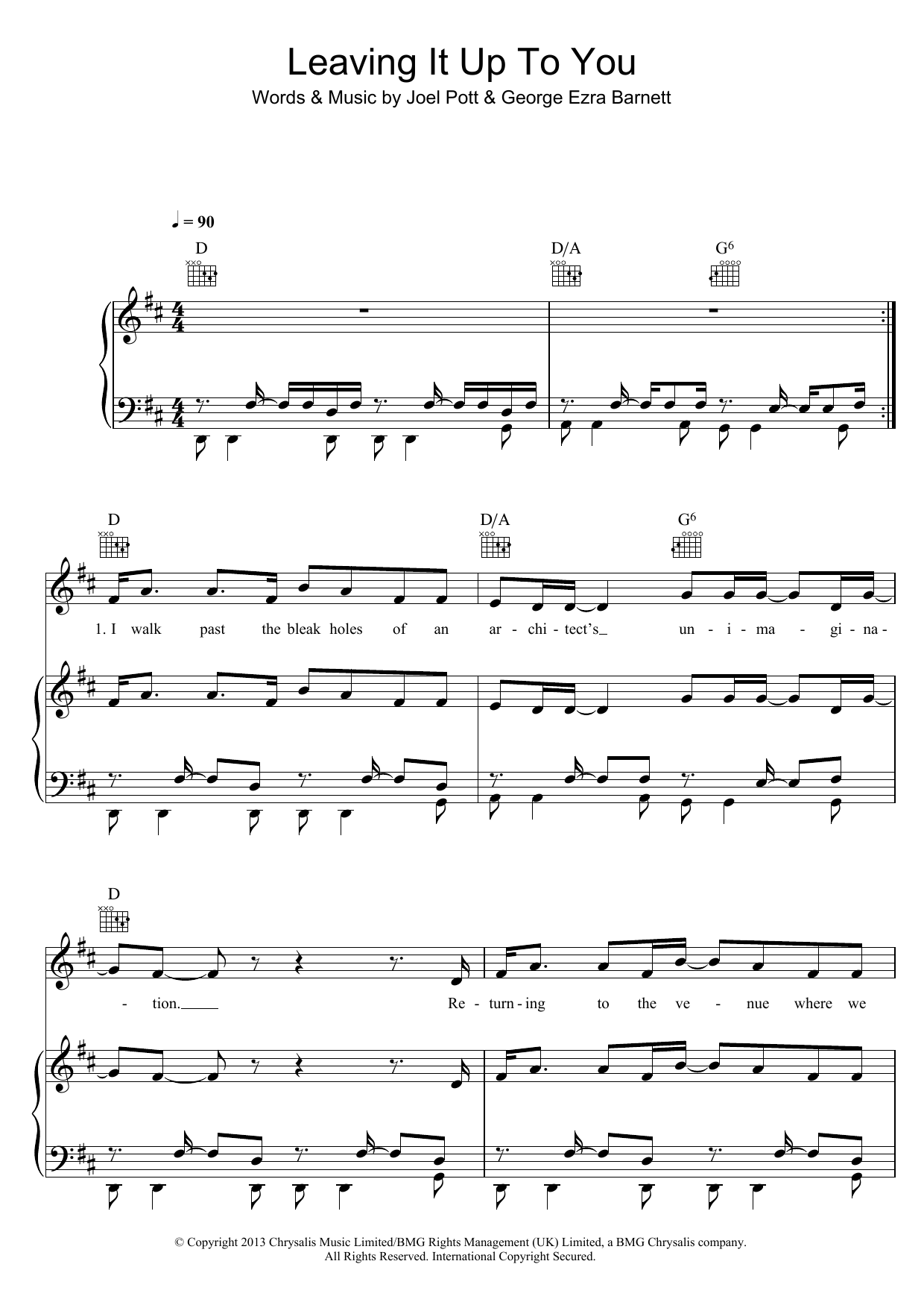 George Ezra Leaving It Up To You sheet music notes and chords arranged for Piano, Vocal & Guitar Chords