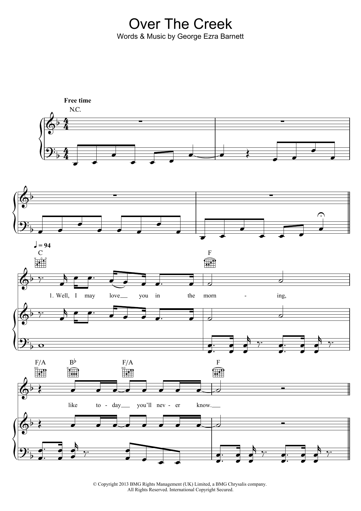 George Ezra Over The Creek sheet music notes and chords arranged for Piano, Vocal & Guitar Chords