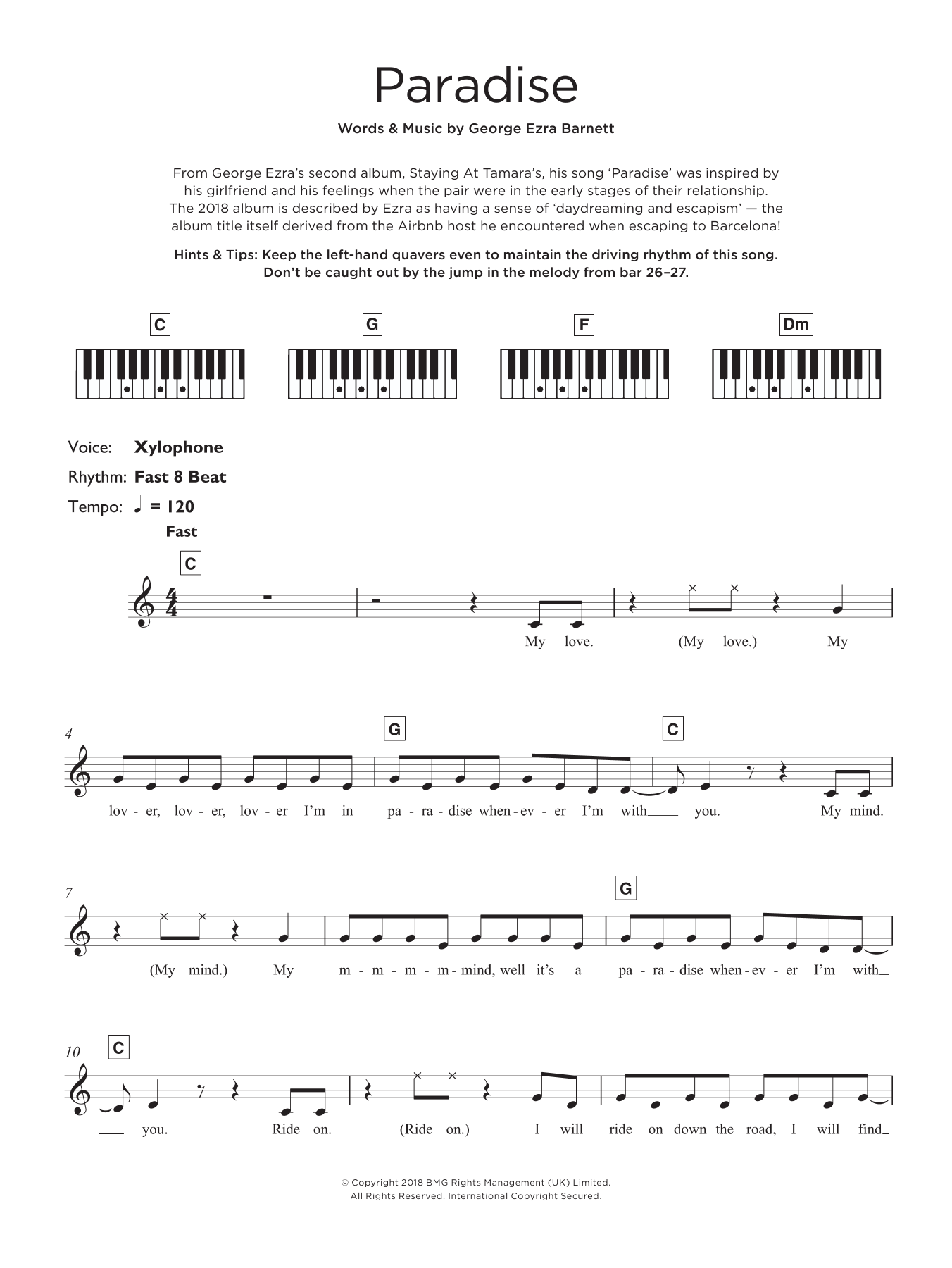 George Ezra Paradise sheet music notes and chords arranged for Keyboard (Abridged)