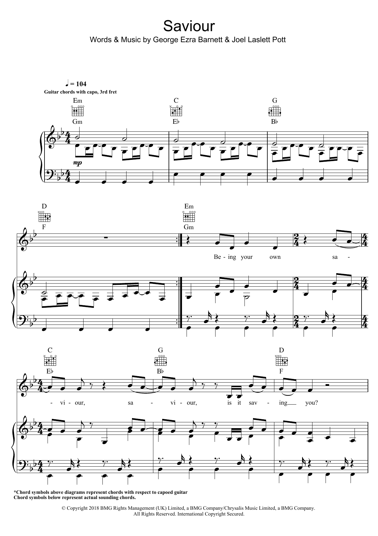 George Ezra Saviour (featuring First Aid Kit) sheet music notes and chords arranged for Piano, Vocal & Guitar Chords