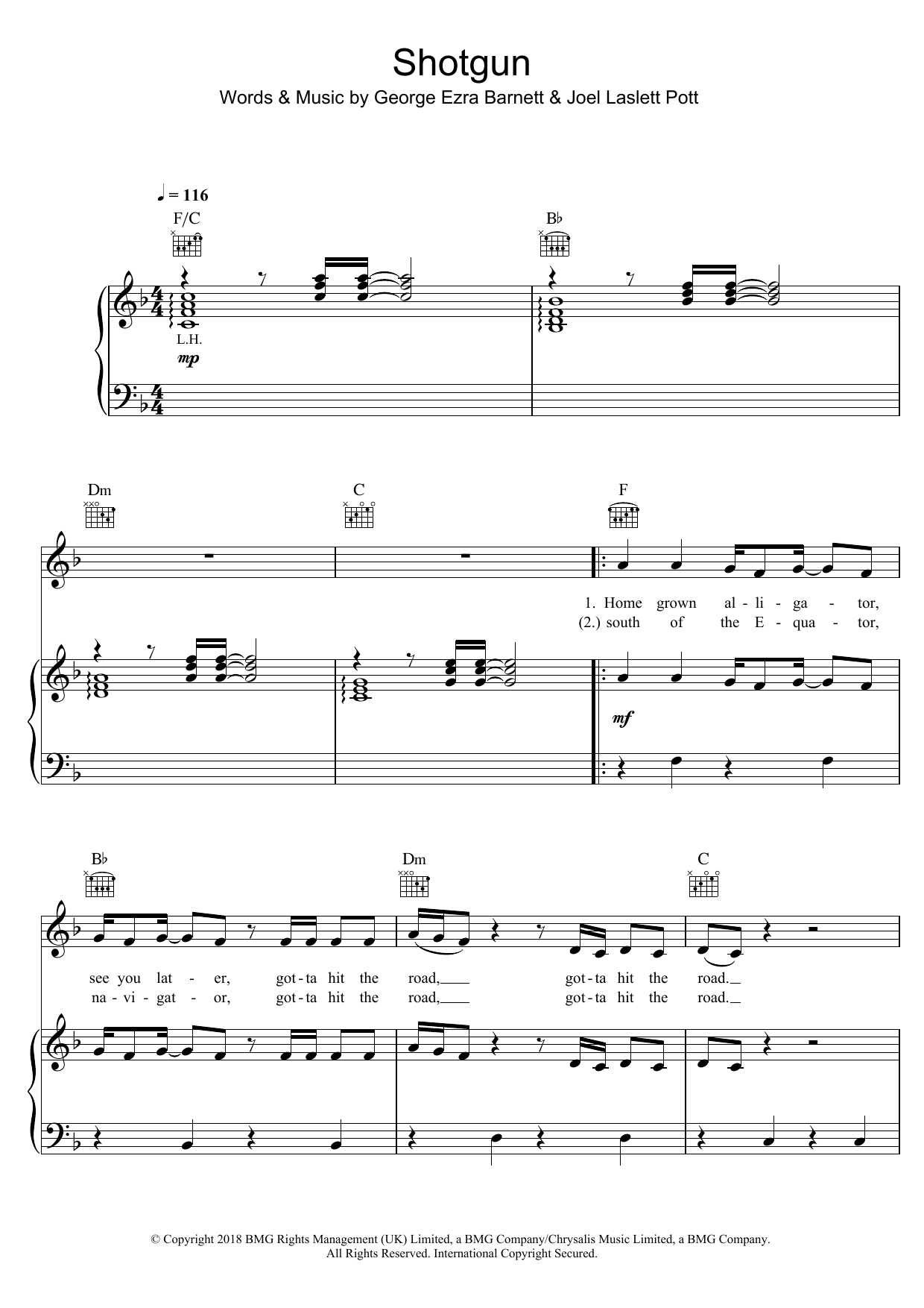 George Ezra Shotgun sheet music notes and chords arranged for Easy Piano