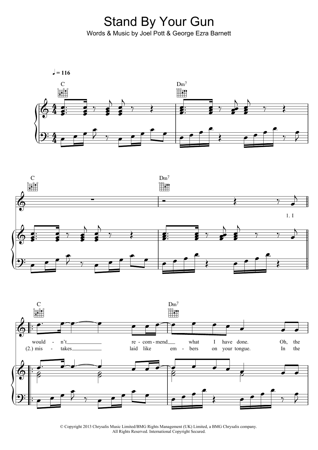 George Ezra Stand By Your Gun sheet music notes and chords arranged for Piano, Vocal & Guitar Chords