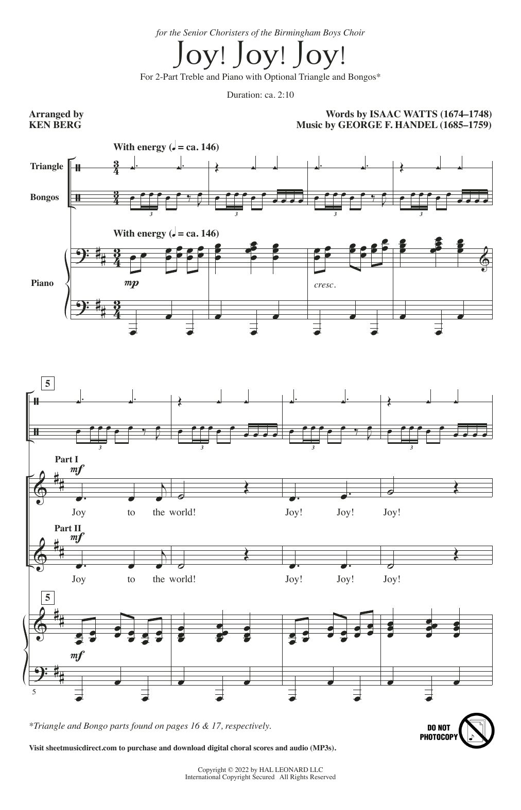 George F. Handel Joy! Joy! Joy! (arr. Ken Berg) sheet music notes and chords arranged for 2-Part Choir