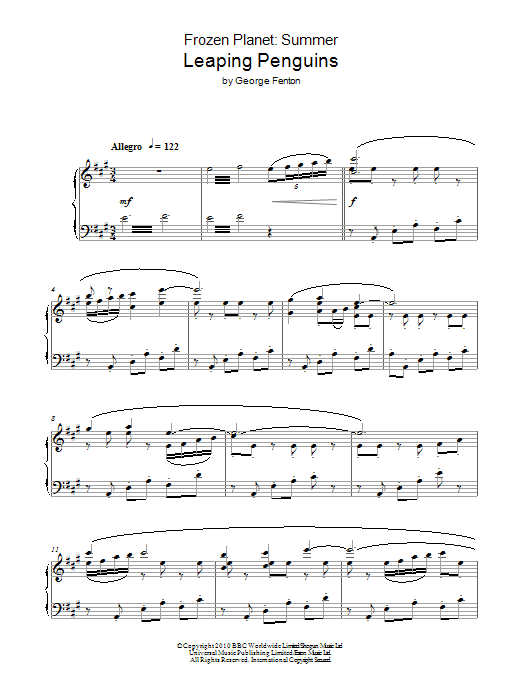 George Fenton Frozen Planet, Leaping Penguins sheet music notes and chords arranged for Piano Solo