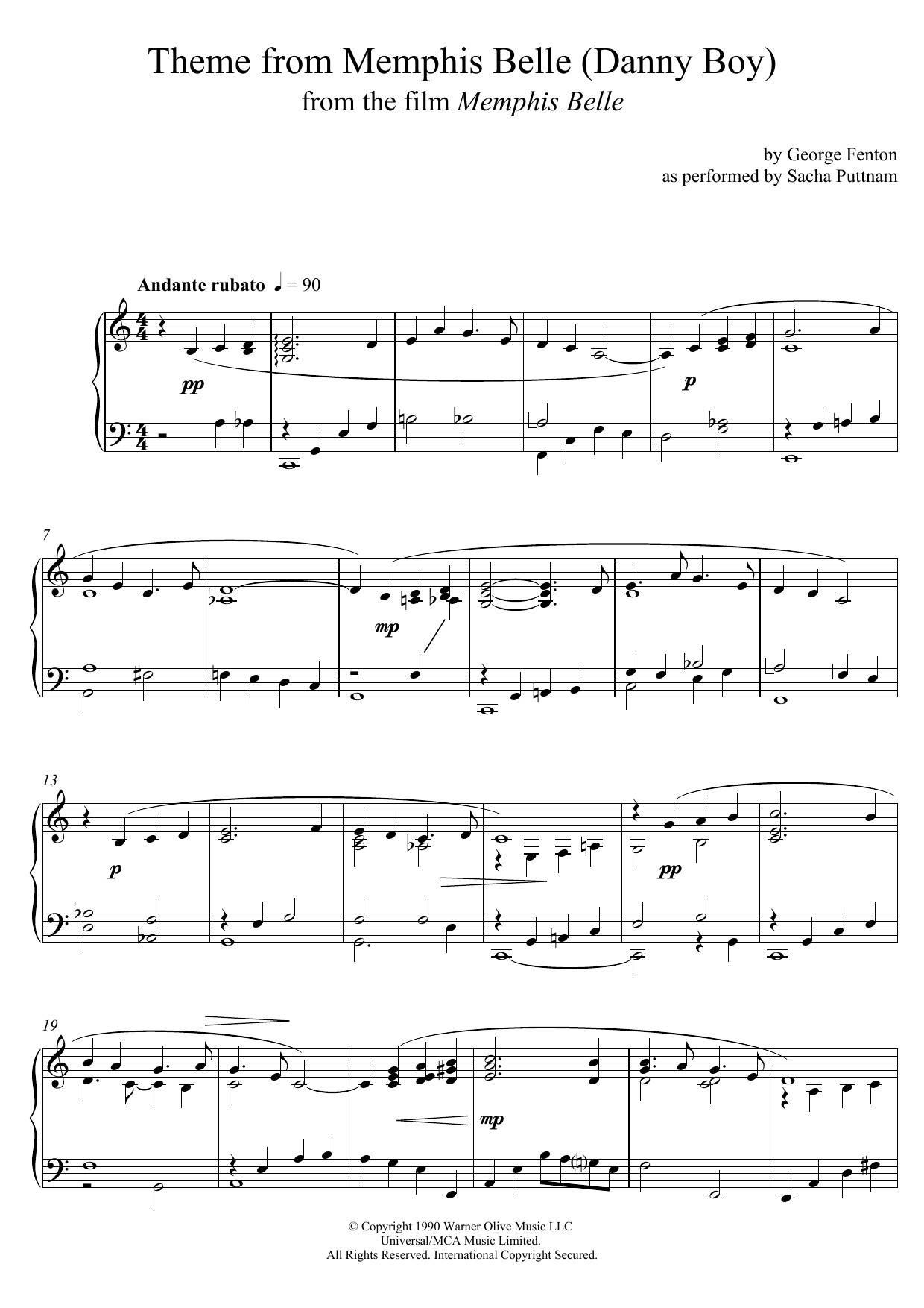 George Fenton Memphis Belle (Main Title) (as performed by Sacha Puttnam) sheet music notes and chords arranged for Piano Solo