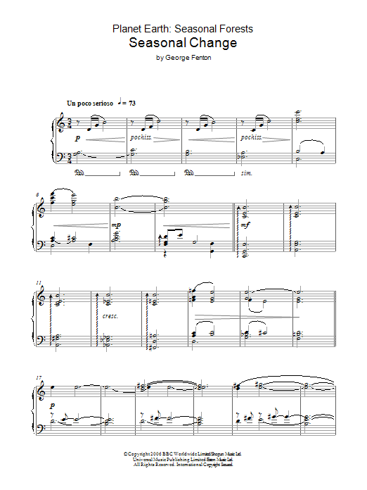 George Fenton Planet Earth: Seasonal Change sheet music notes and chords arranged for Piano Solo