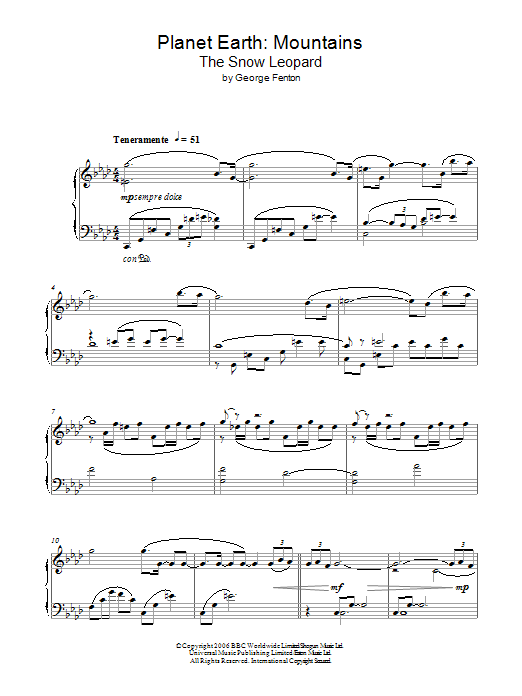 George Fenton Planet Earth: The Snow Leopard sheet music notes and chords arranged for Piano Solo