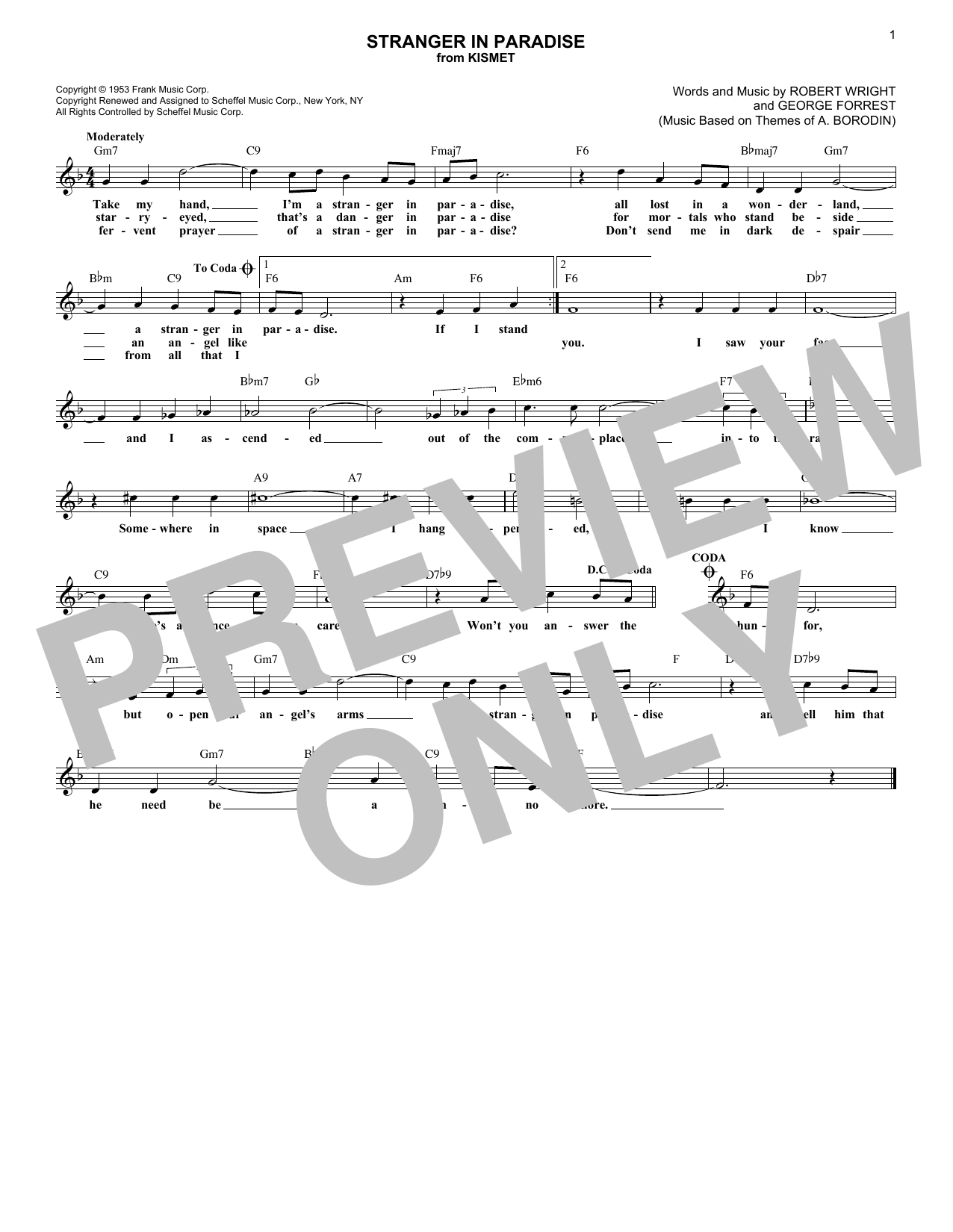 George Forrest Stranger In Paradise sheet music notes and chords arranged for Lead Sheet / Fake Book