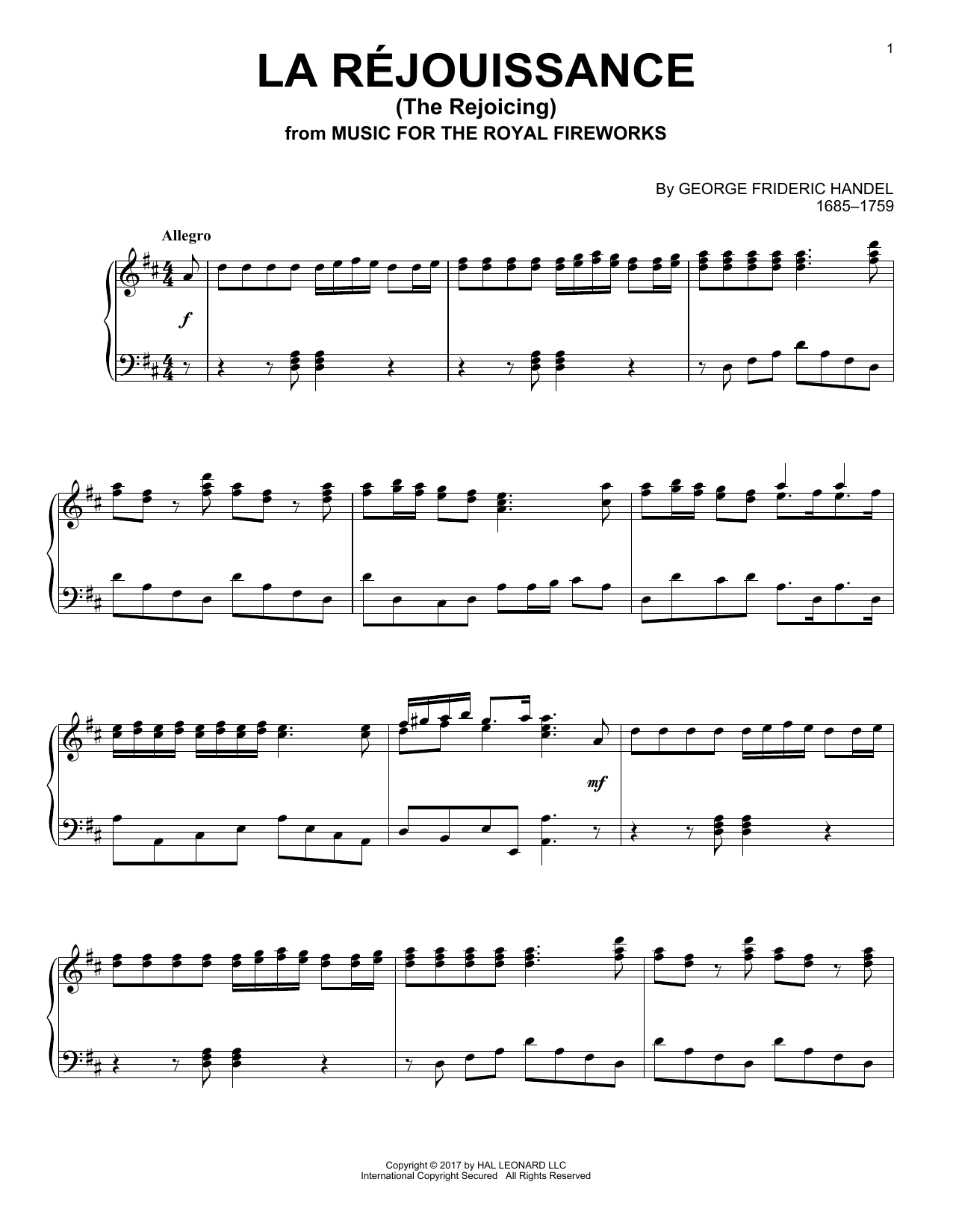 George Frederic Handel La Rejouissance sheet music notes and chords arranged for Piano Solo