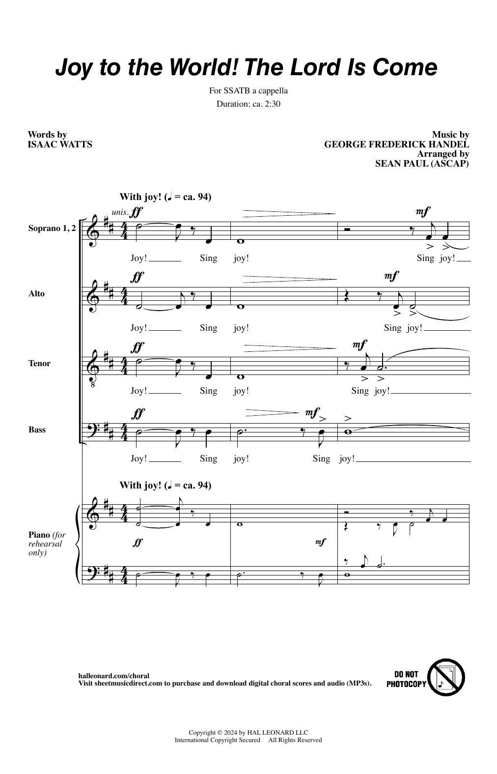 George Frederick Handel Joy To The World! The Lord Is Come (arr. Sean Paul) sheet music notes and chords arranged for SSATB Choir