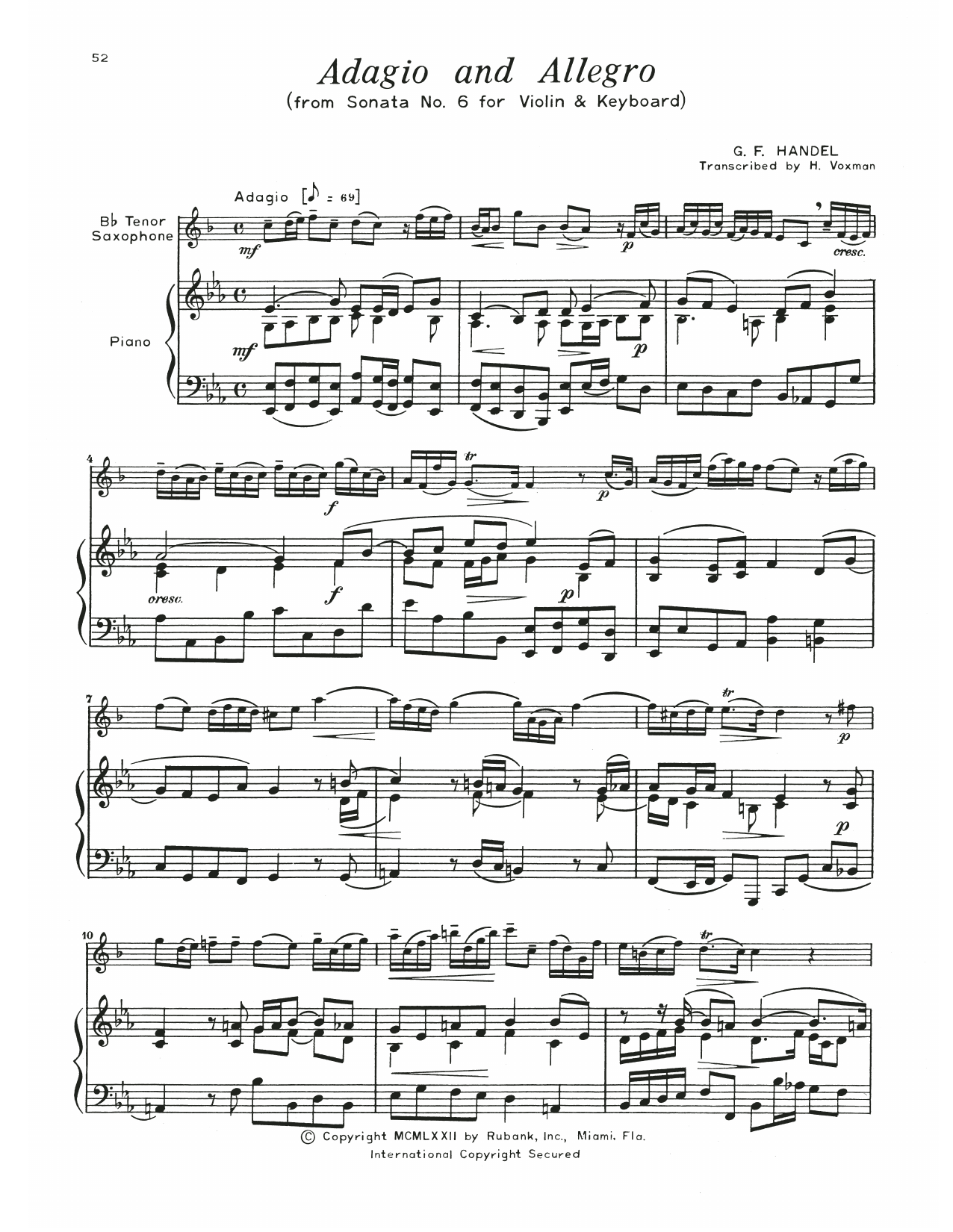 George Frideric Handel Adagio And Allegro sheet music notes and chords arranged for Tenor Sax and Piano