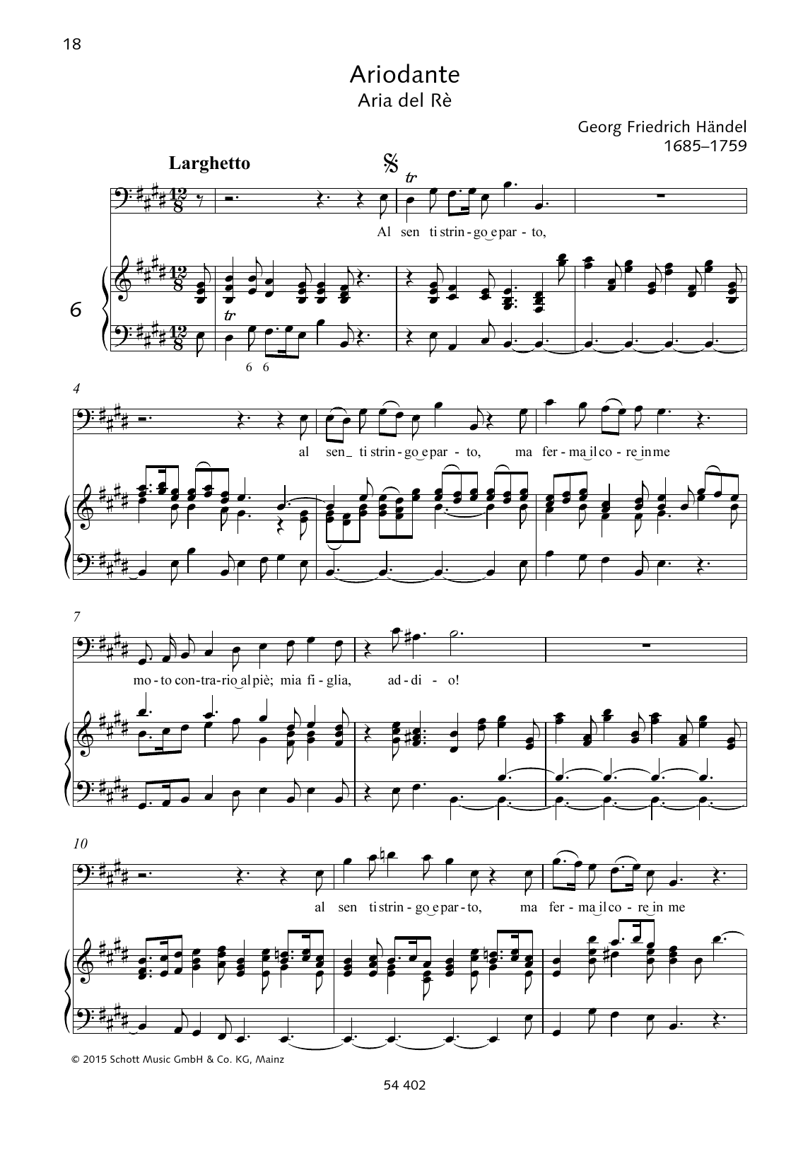 George Frideric Handel Al sen ti stringo e parto sheet music notes and chords arranged for Piano & Vocal