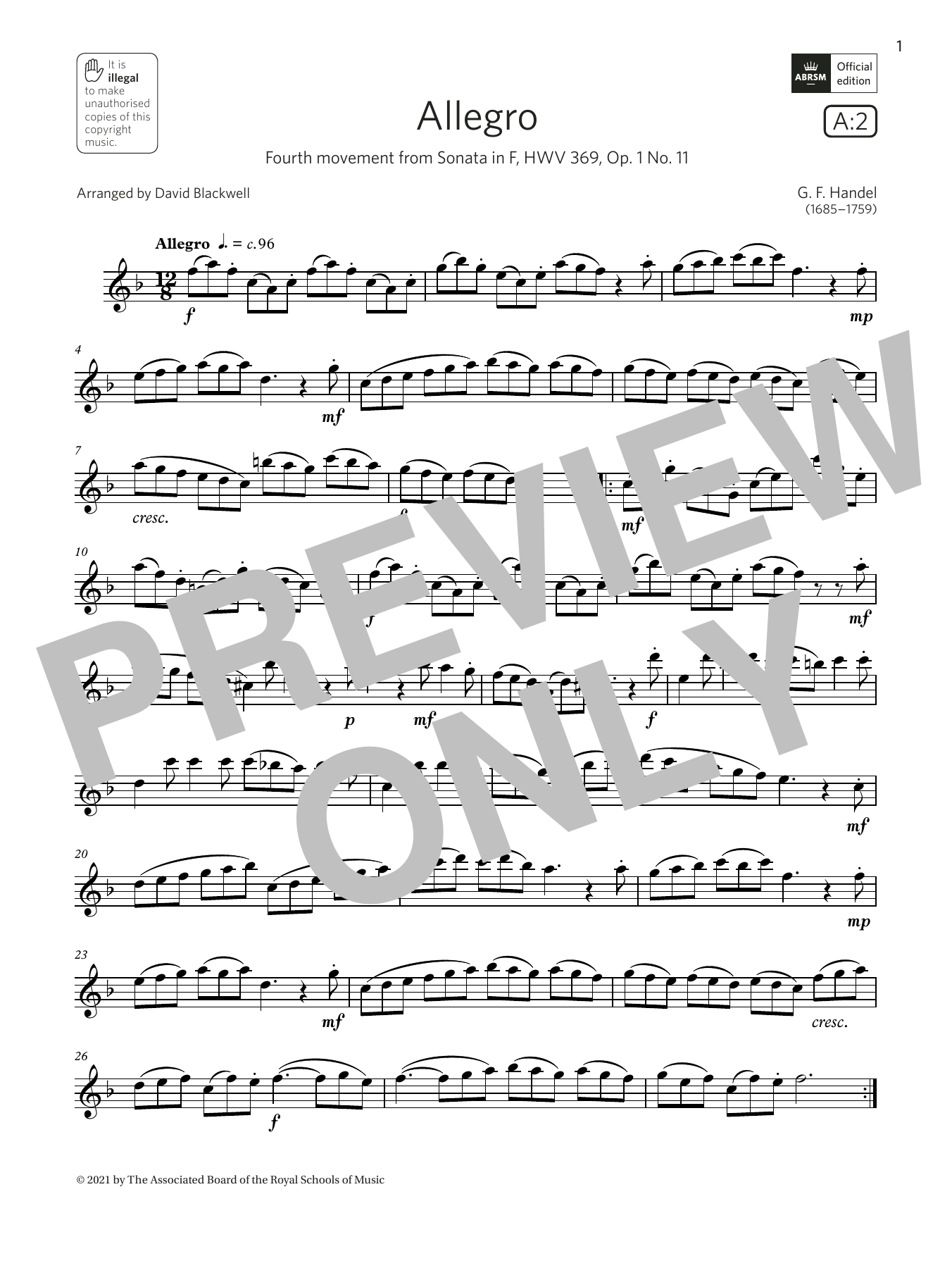George Frideric Handel Allegro (from Sonata in F, Op.1 No.11)  (Grade 4 A2 from the ABRSM Saxophone syllabus from 2022) sheet music notes and chords arranged for Alto Sax Solo