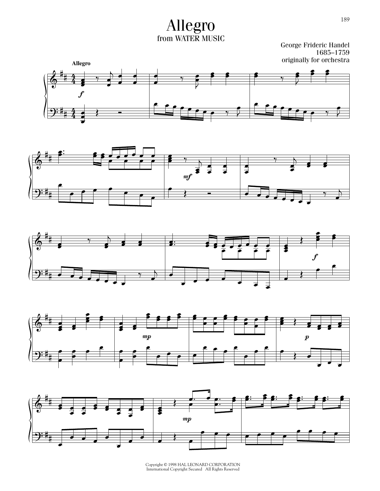 George Frideric Handel Allegro sheet music notes and chords arranged for Piano Solo