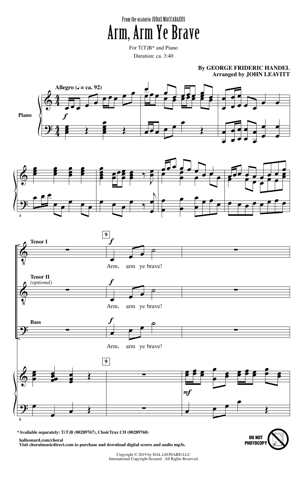 George Frideric Handel Arm, Arm Ye Brave (arr. John Leavitt) sheet music notes and chords arranged for TTB Choir
