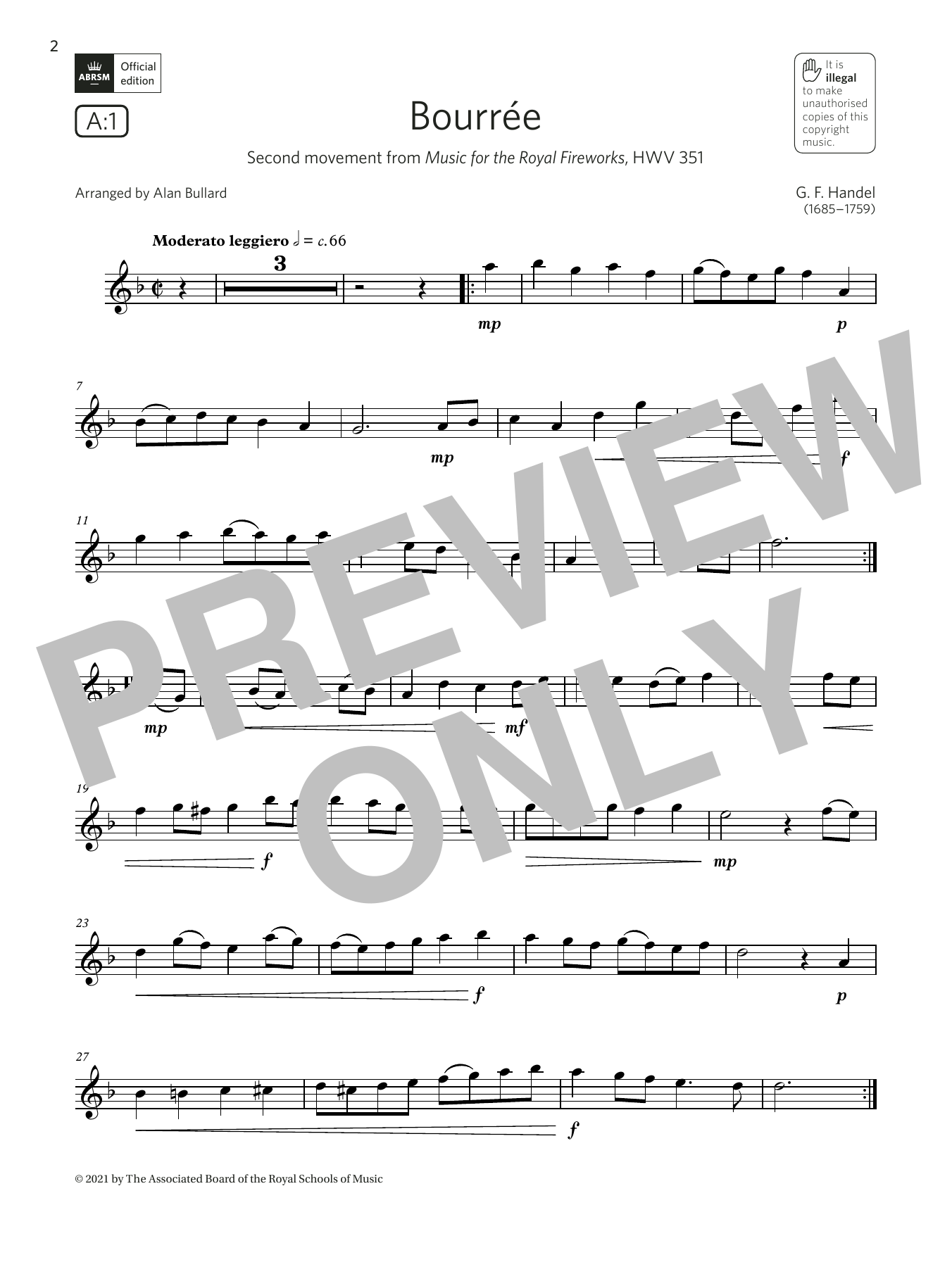 George Frideric Handel Bourrée (from Music for the Royal Fireworks)(Grade 2 A1, the ABRSM Saxophone syllabus from 2022) sheet music notes and chords arranged for Alto Sax Solo