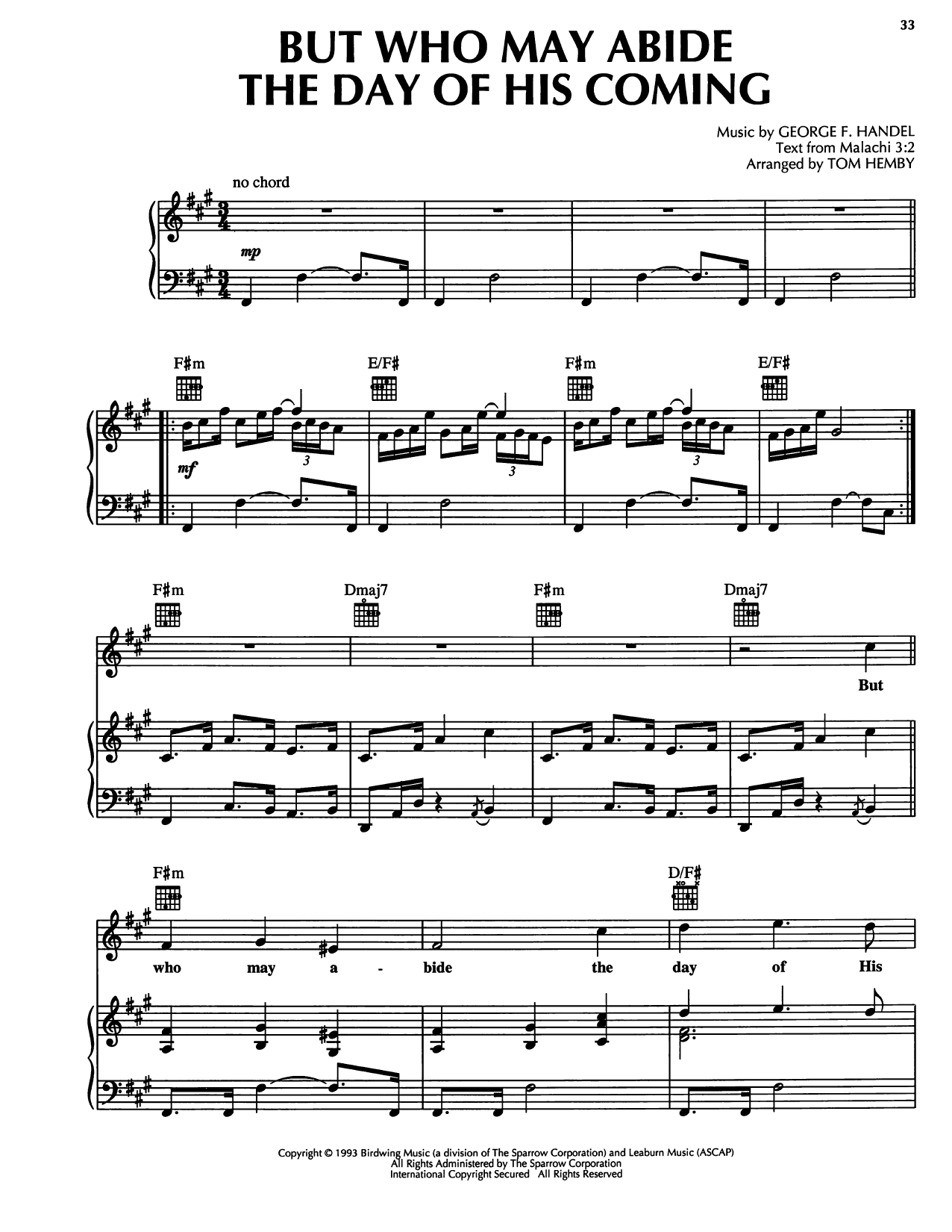 George Frideric Handel But Who May Abide The Day Of His Coming sheet music notes and chords arranged for Piano, Vocal & Guitar Chords (Right-Hand Melody)