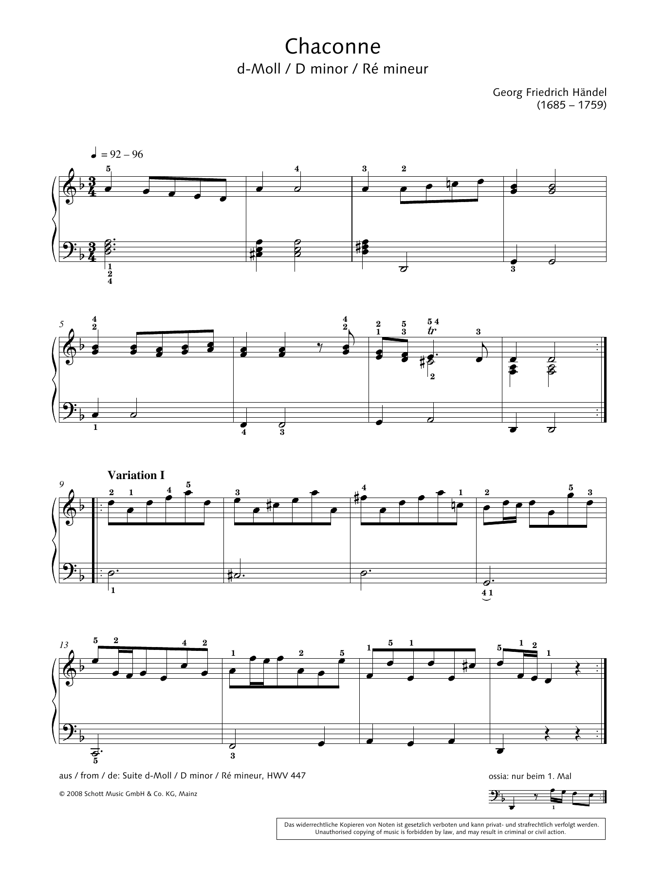 George Frideric Handel Chaconne in D Minor sheet music notes and chords arranged for Piano Solo