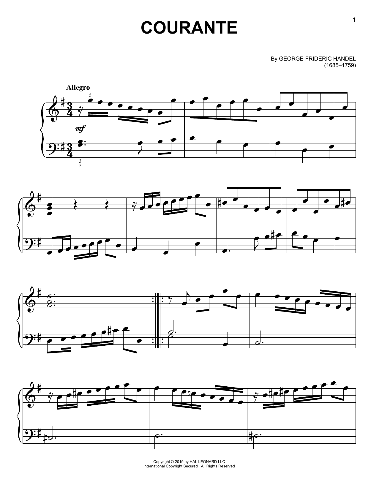 George Frideric Handel Courante sheet music notes and chords arranged for Easy Piano