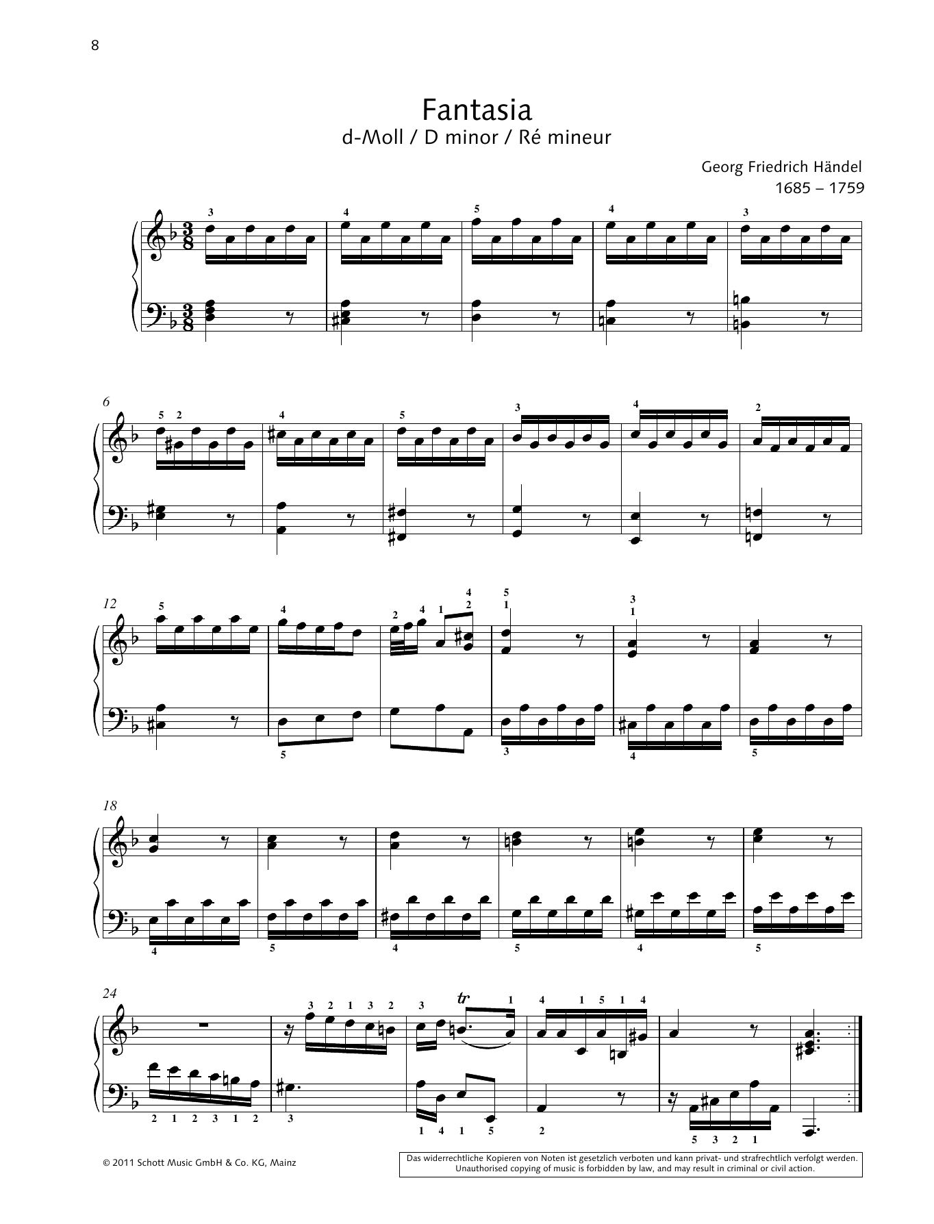George Frideric Handel Fantasia D minor sheet music notes and chords arranged for Piano Solo