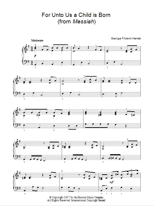 George Frideric Handel For Unto Us A Child Is Born (from Messiah) sheet music notes and chords arranged for Easy Piano
